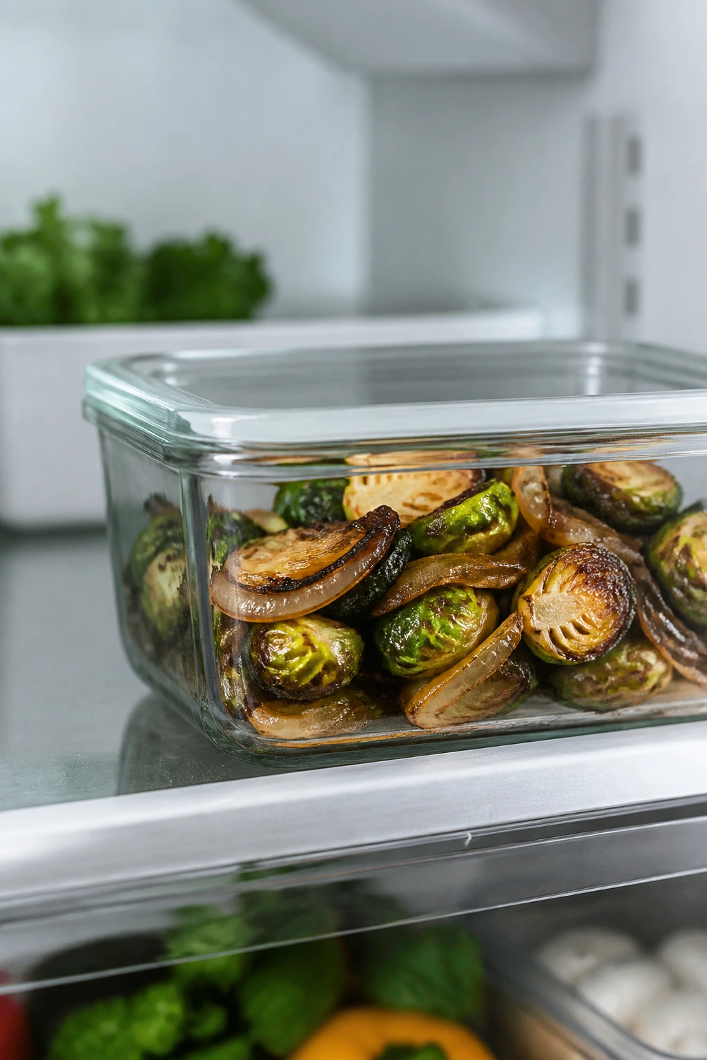 Glass container of caramelized vegetables in fridge