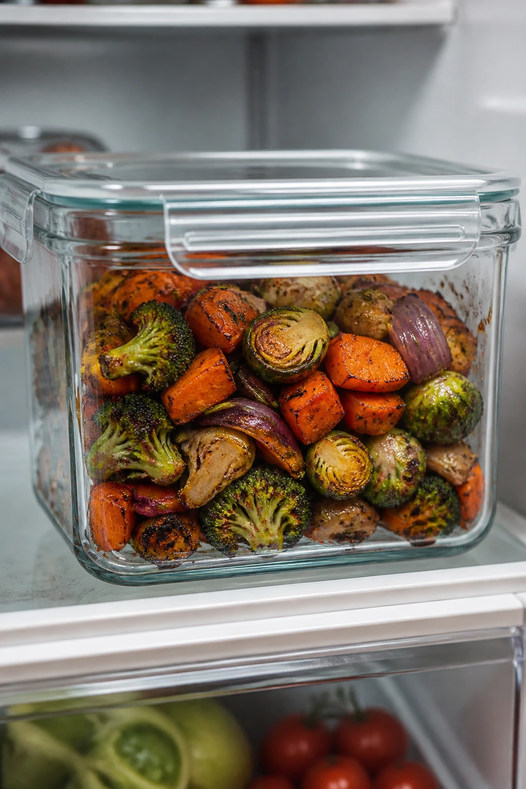 Glass airtight container with caramelized vegetables inside in a refrigerator