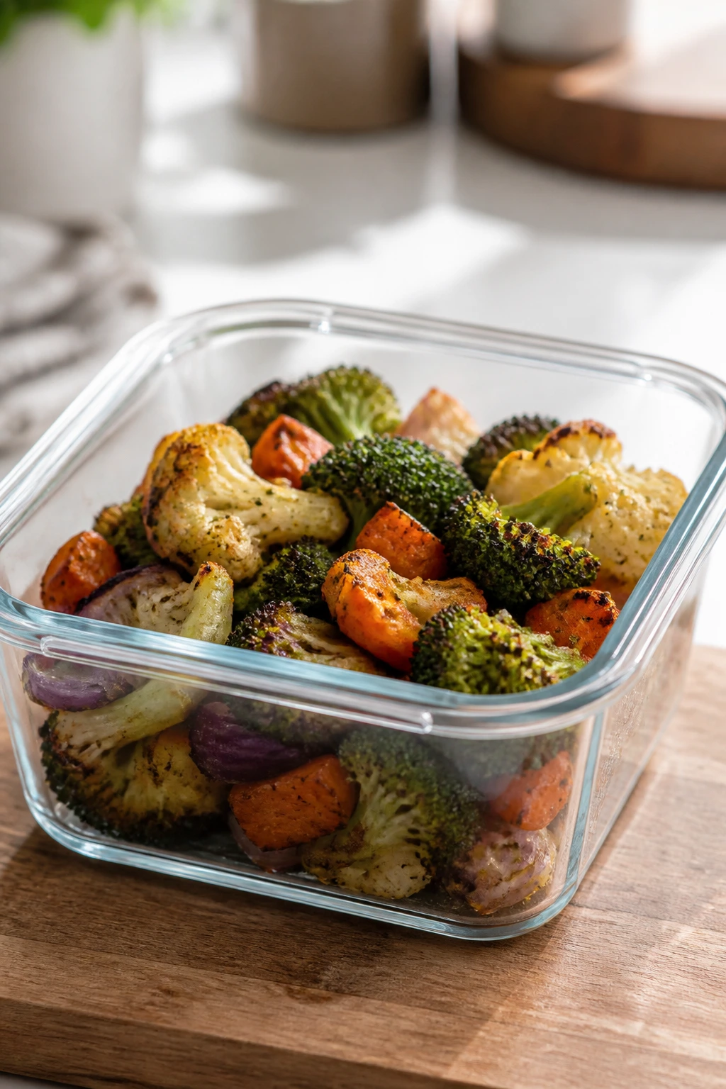 Airtight container with crisp vegetables on a kitchen counter