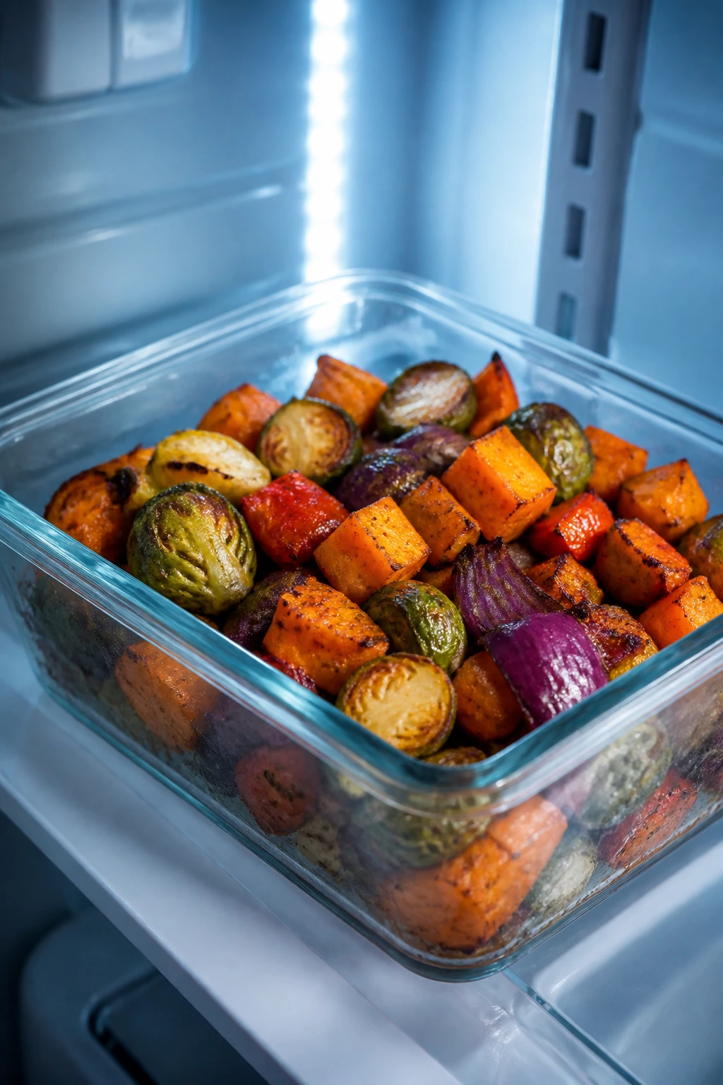 Storage container of roasted vegetables in fridge