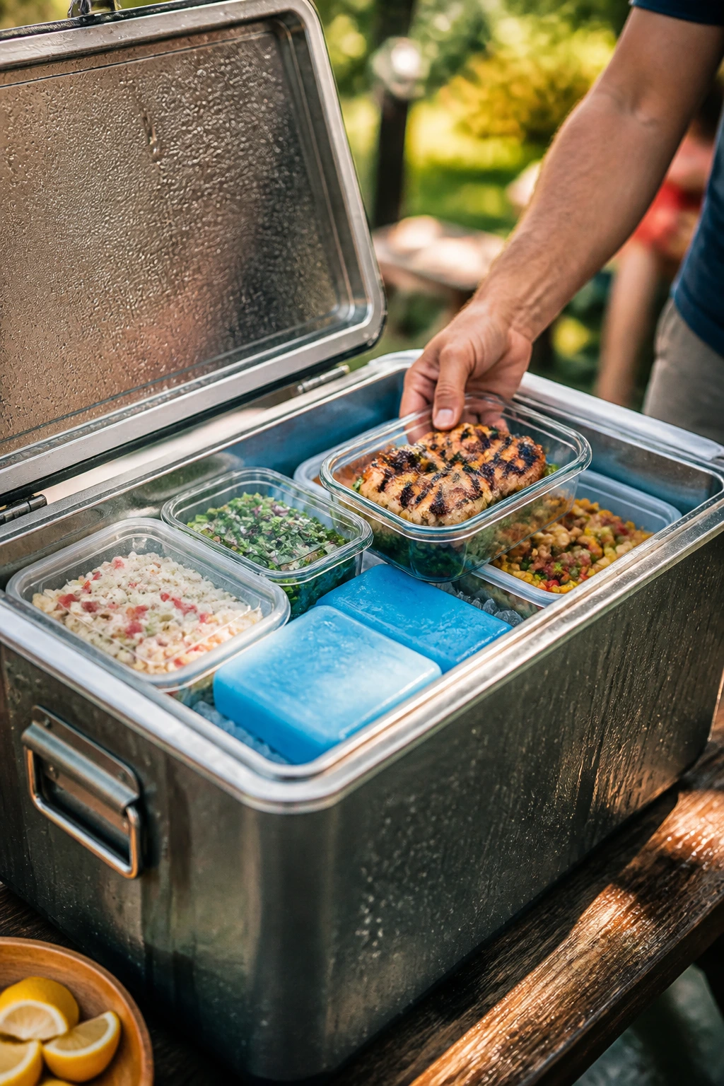 Close-up of a cooler with sealed containers and ice packs for safe make-ahead backyard cookouts