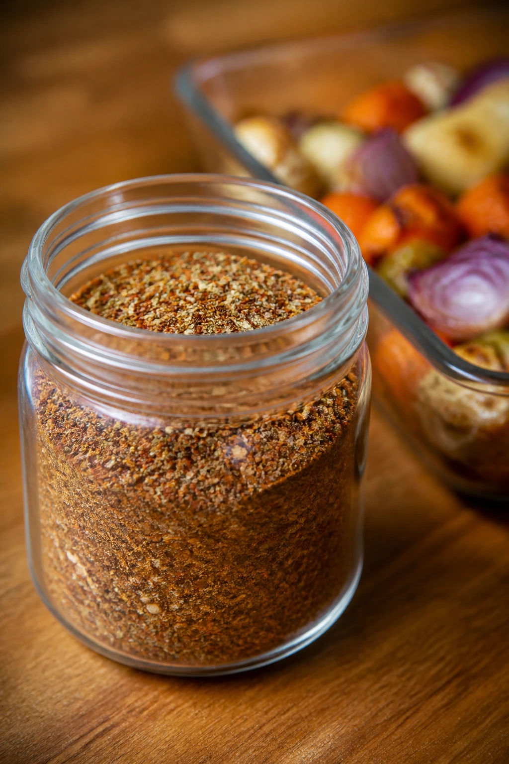 Airtight jar with dry seasoning on kitchen counter for storage
