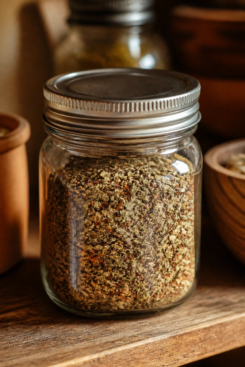 Sealed spice jar on pantry shelf, stored away from heat