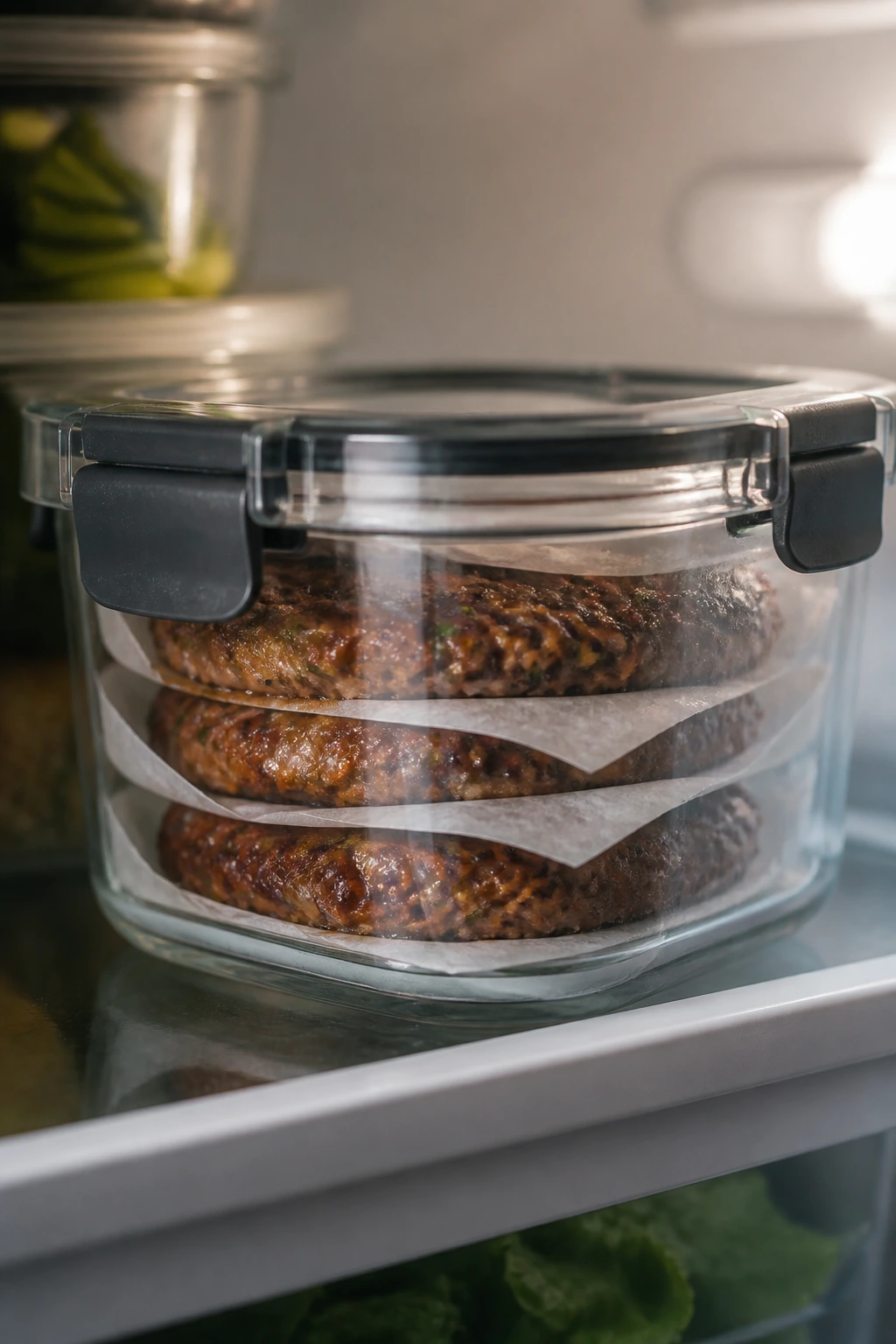 Airtight glass container with slider patties in a refrigerator setting