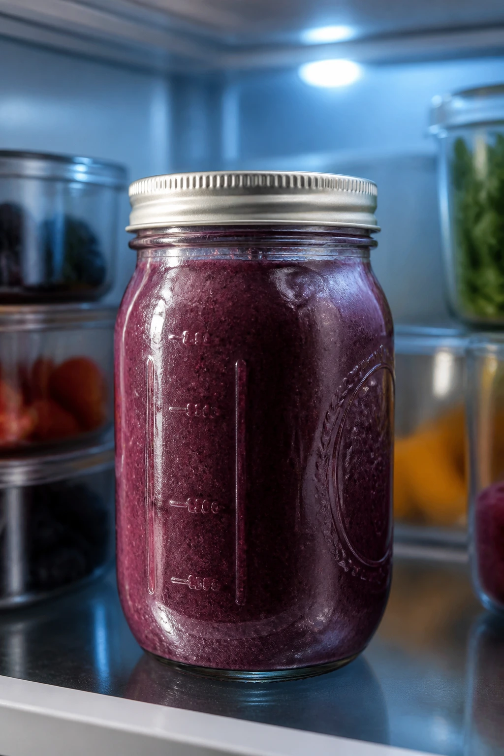 Close-up of a jar of smoothie base stored in the fridge with dark purple color.