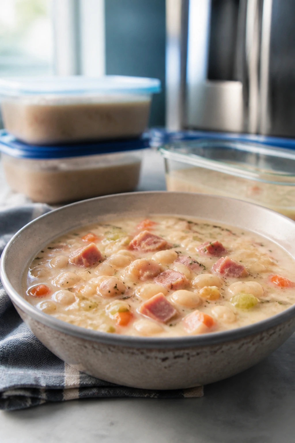 Creamy ham and bean soup in a bowl ready for storage in kitchen setting