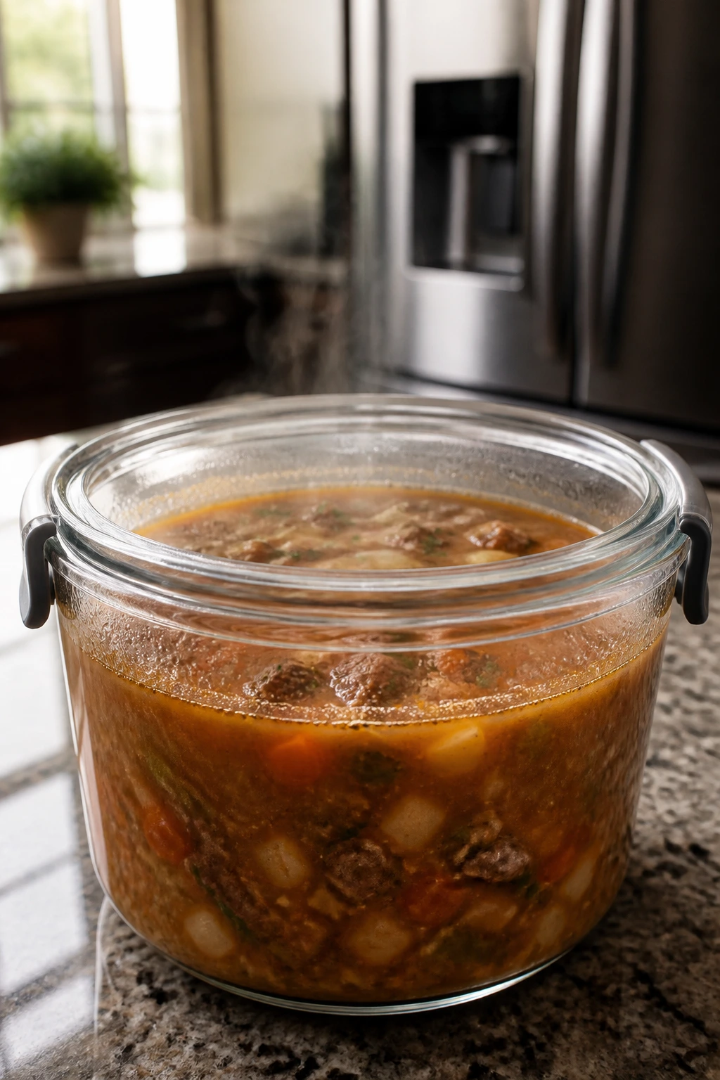 Glass storage container of soup on kitchen counter ready for freezing or reheating