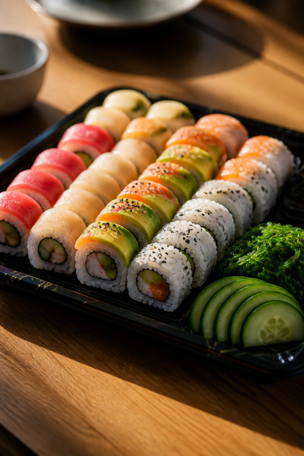 Plate of store-bought sushi with cucumber and seaweed salad