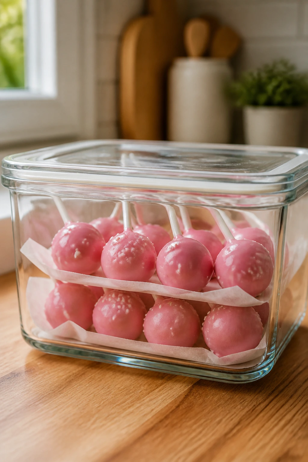 Pink cake pops inside a glass airtight container on a kitchen counter.