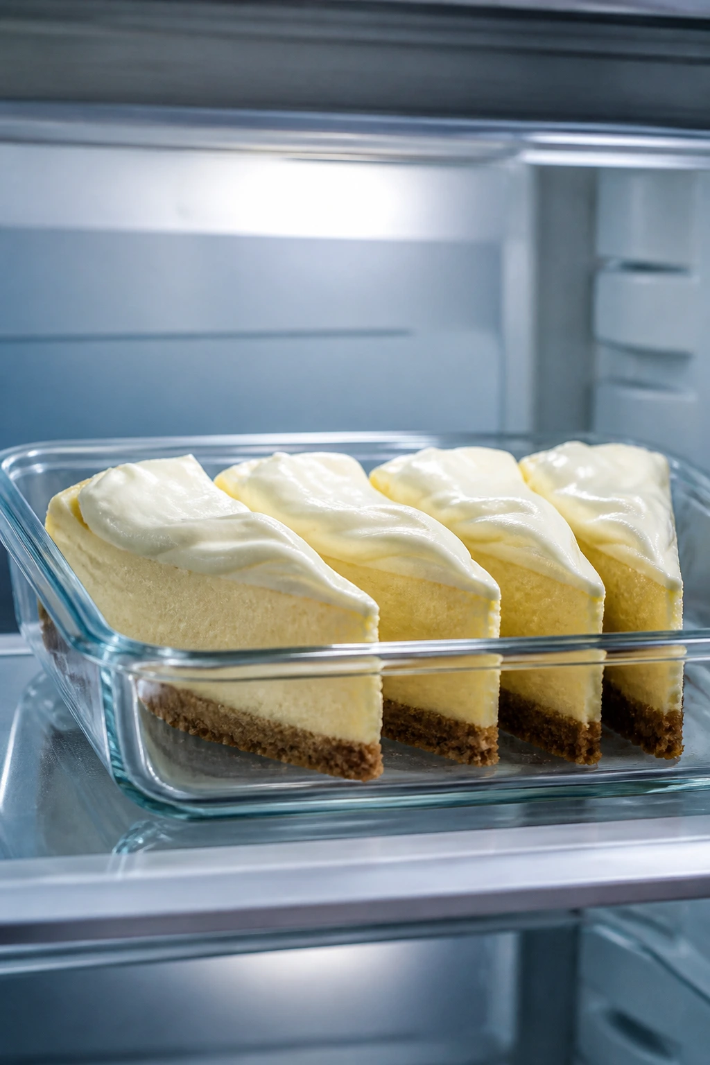 Cheesecake slices stored in a clear glass container in a fridge