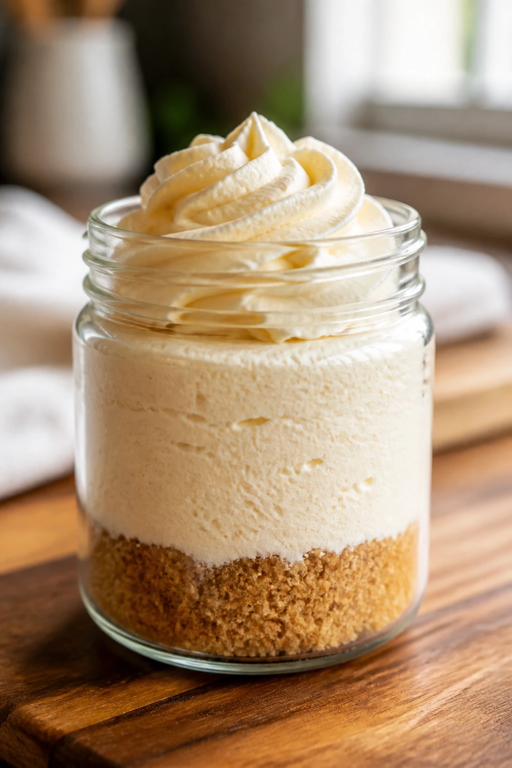 Close-up of a cheesecake jar showing crust and airy filling on a kitchen counter