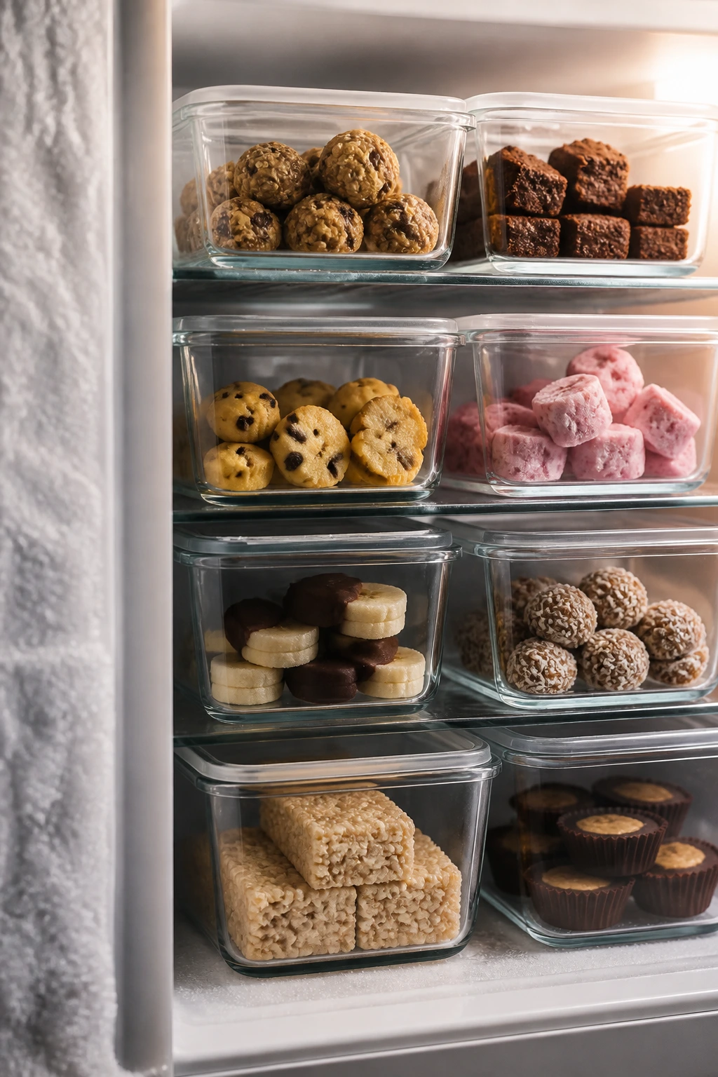 Kitchen fridge with clear containers of bite-sized treats for storage and freezing
