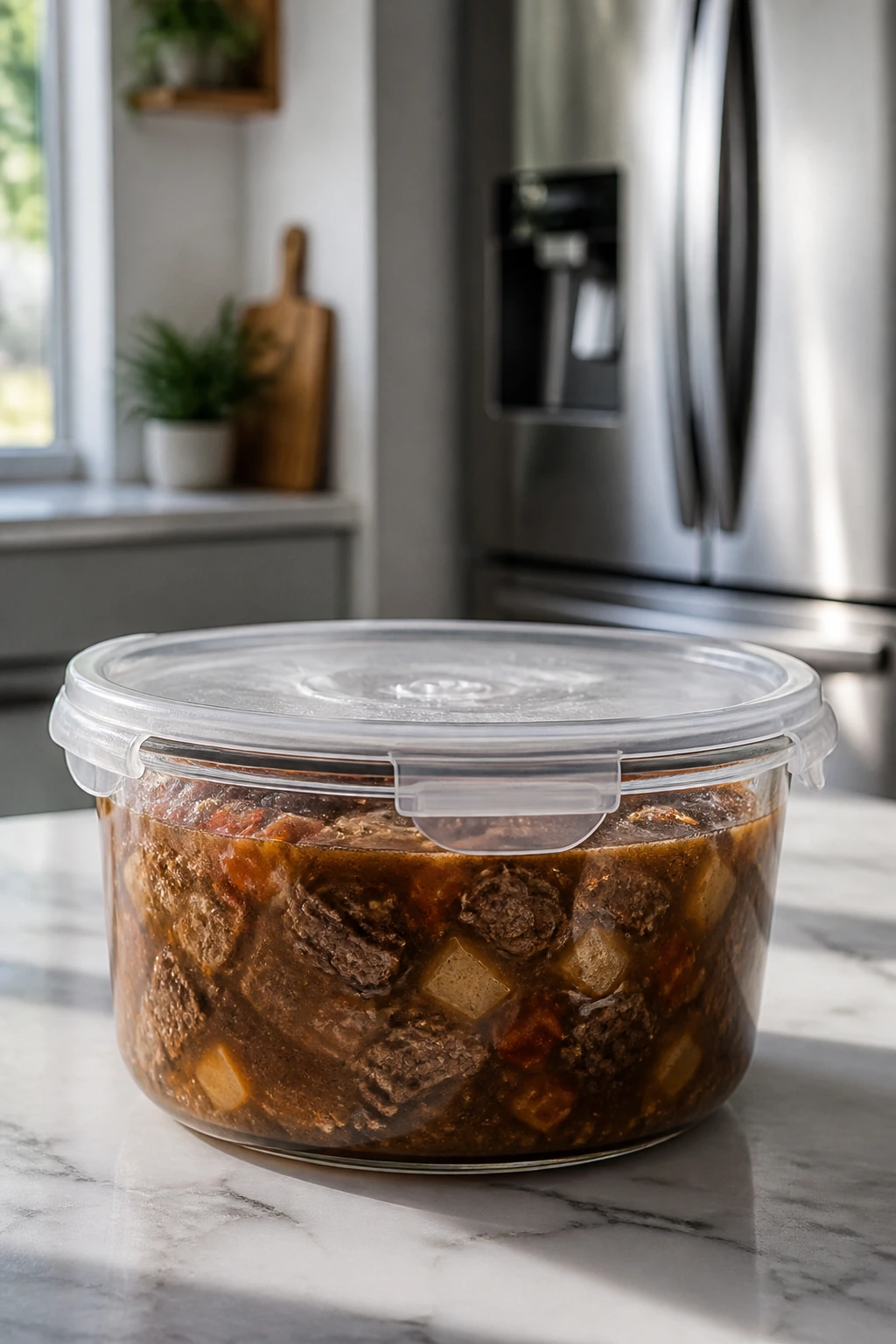 Beef stew stored in a glass container in a kitchen