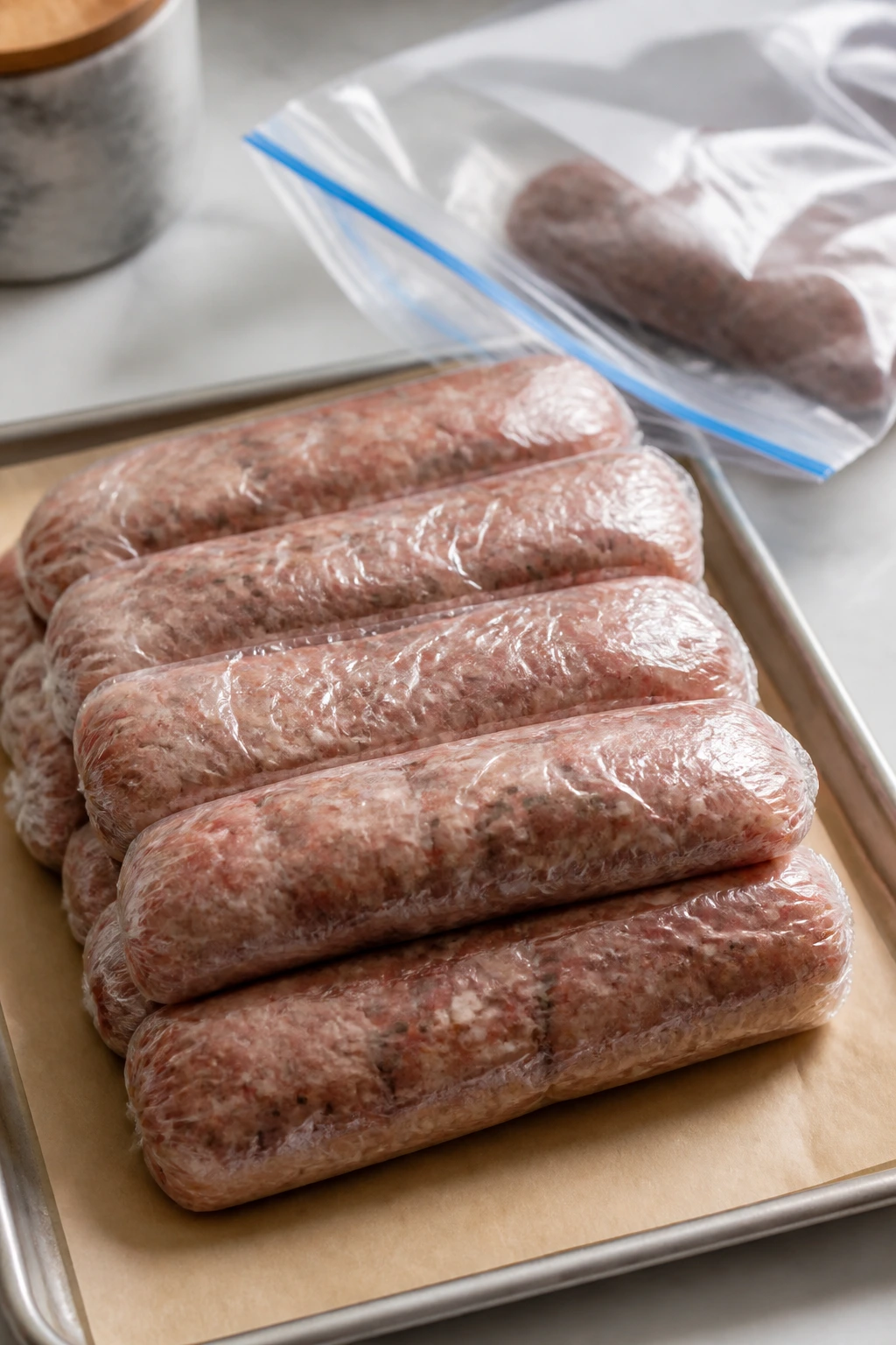 Wrapped sausage links ready to freeze on parchment with a freezer bag nearby