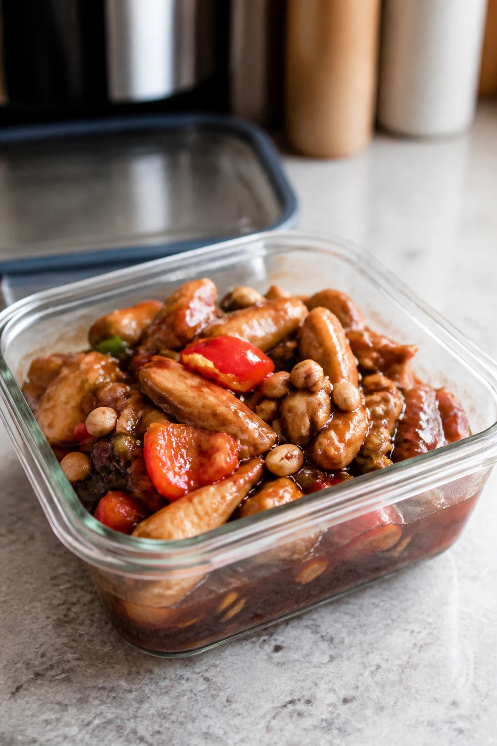 Glass container with leftover Kung Pao chicken on a kitchen counter
