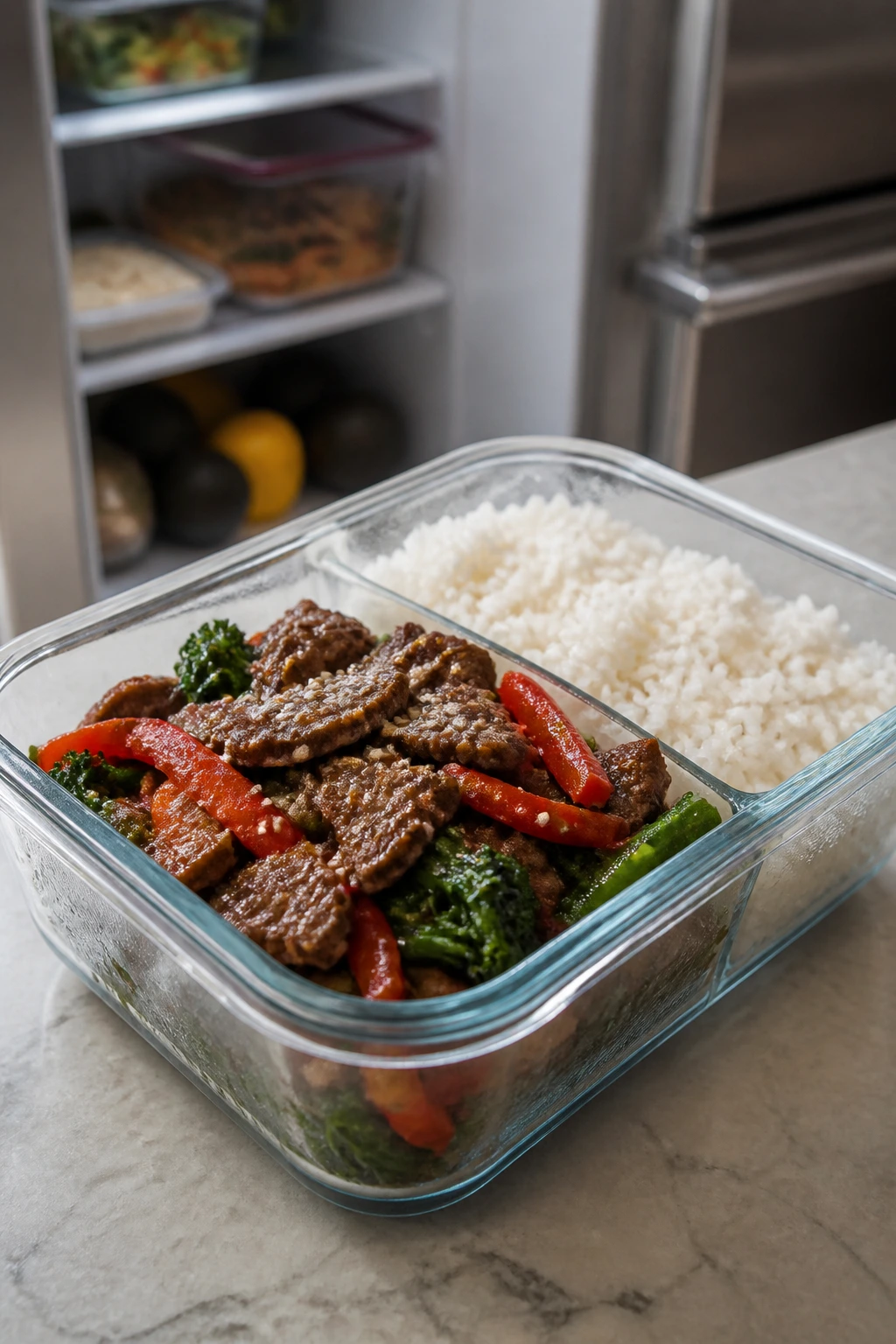 Glass storage container with beef stir-fry and rice ready for refrigeration