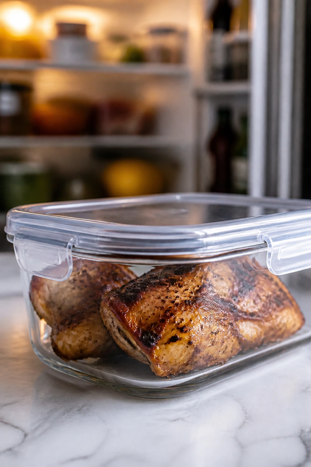 Cooked chicken in airtight container for storing and reheating