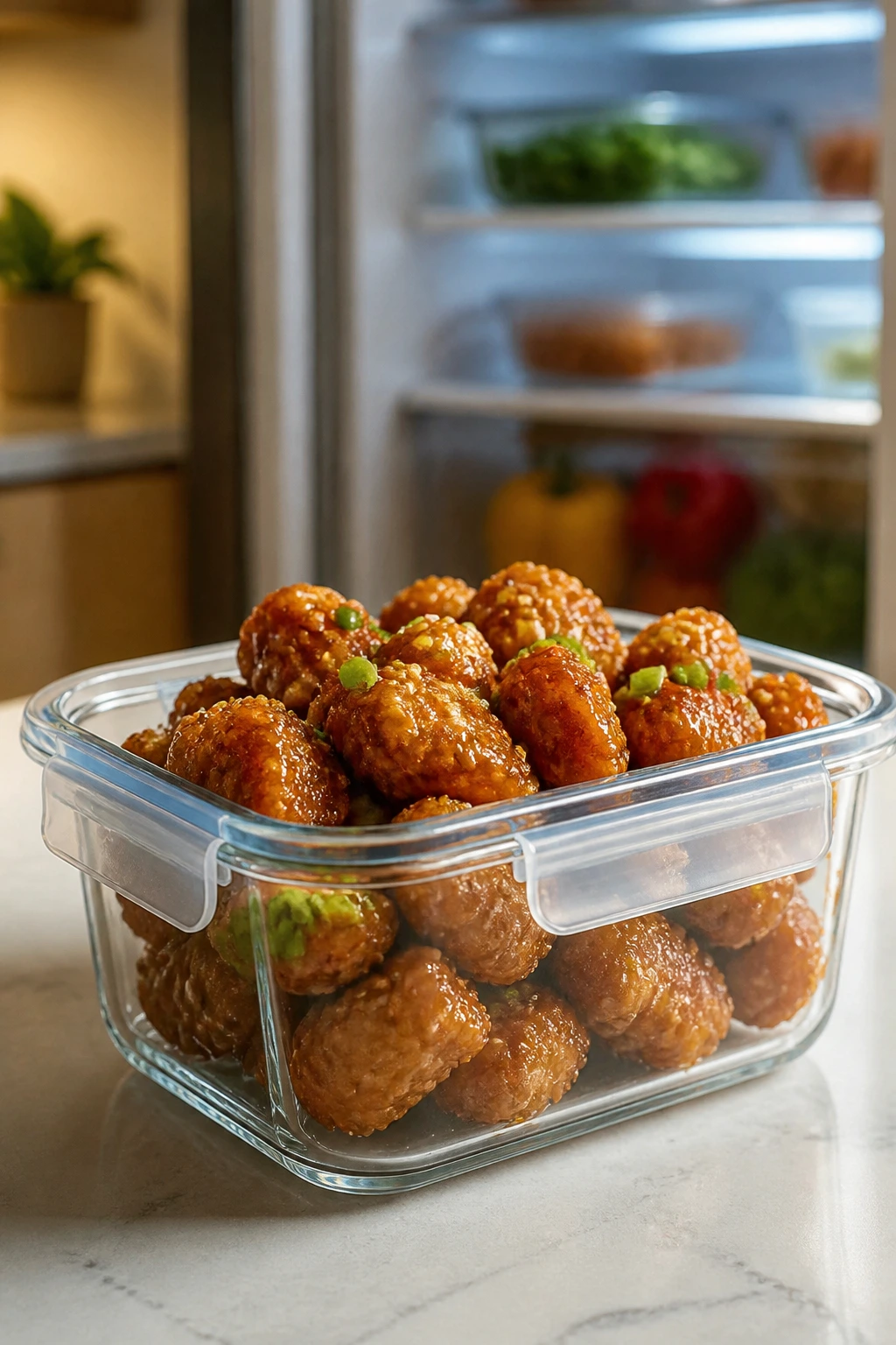 Glass airtight container of crispy honey sesame chicken for storing and reheating