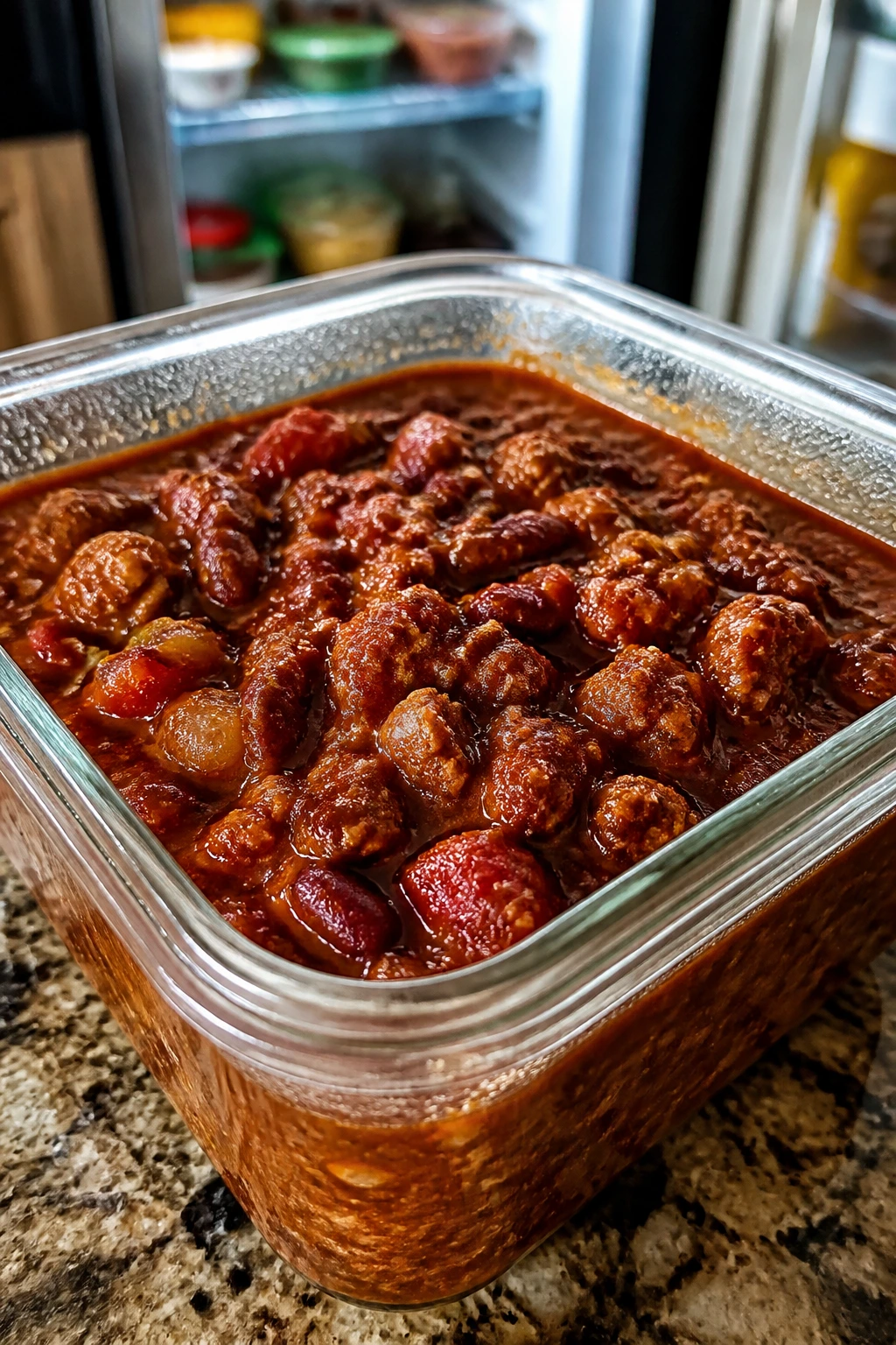 Chili stored in a glass container on a kitchen counter