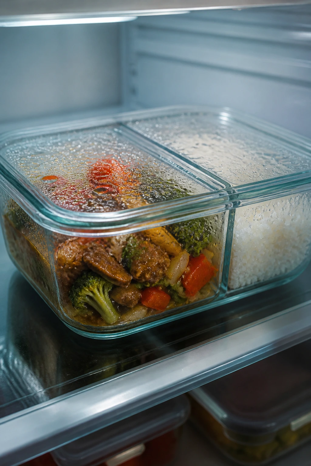Glass container with stored stir-fry and rice in the fridge