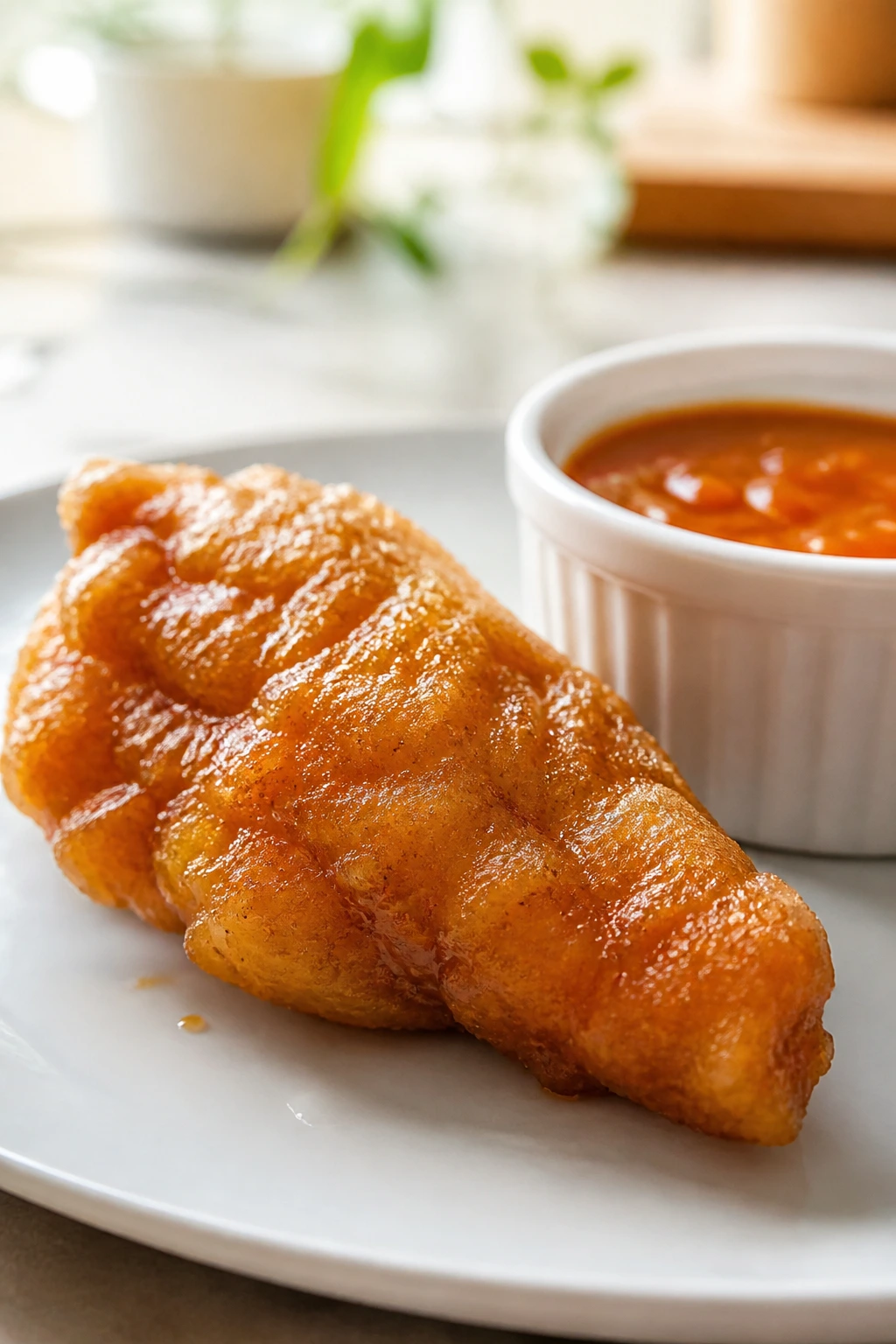 Crispy fried chicken on plate with sauce ramekin, ready for storage or reheating