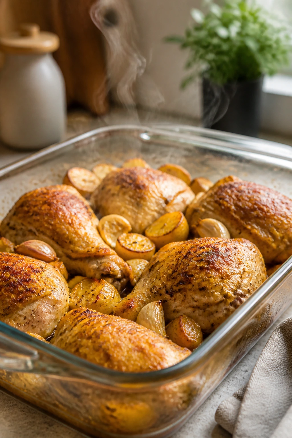 Glass baking dish with roasted garlic chicken and potatoes steaming on a kitchen counter