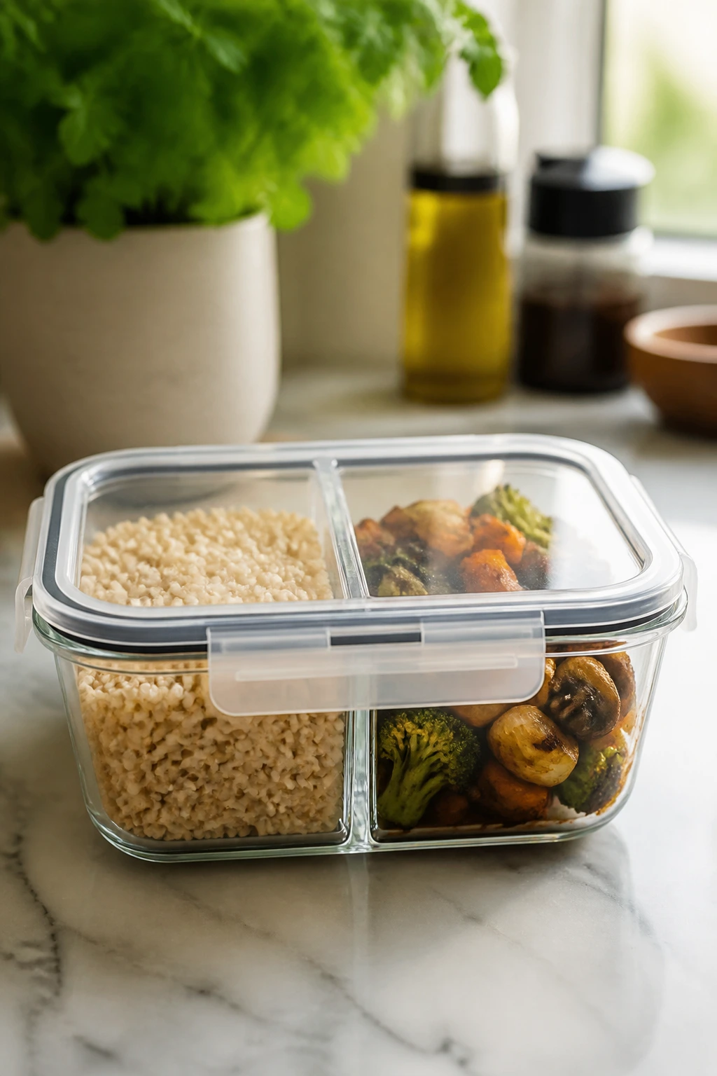 Glass meal-prep container with rice and vegetables stored separately