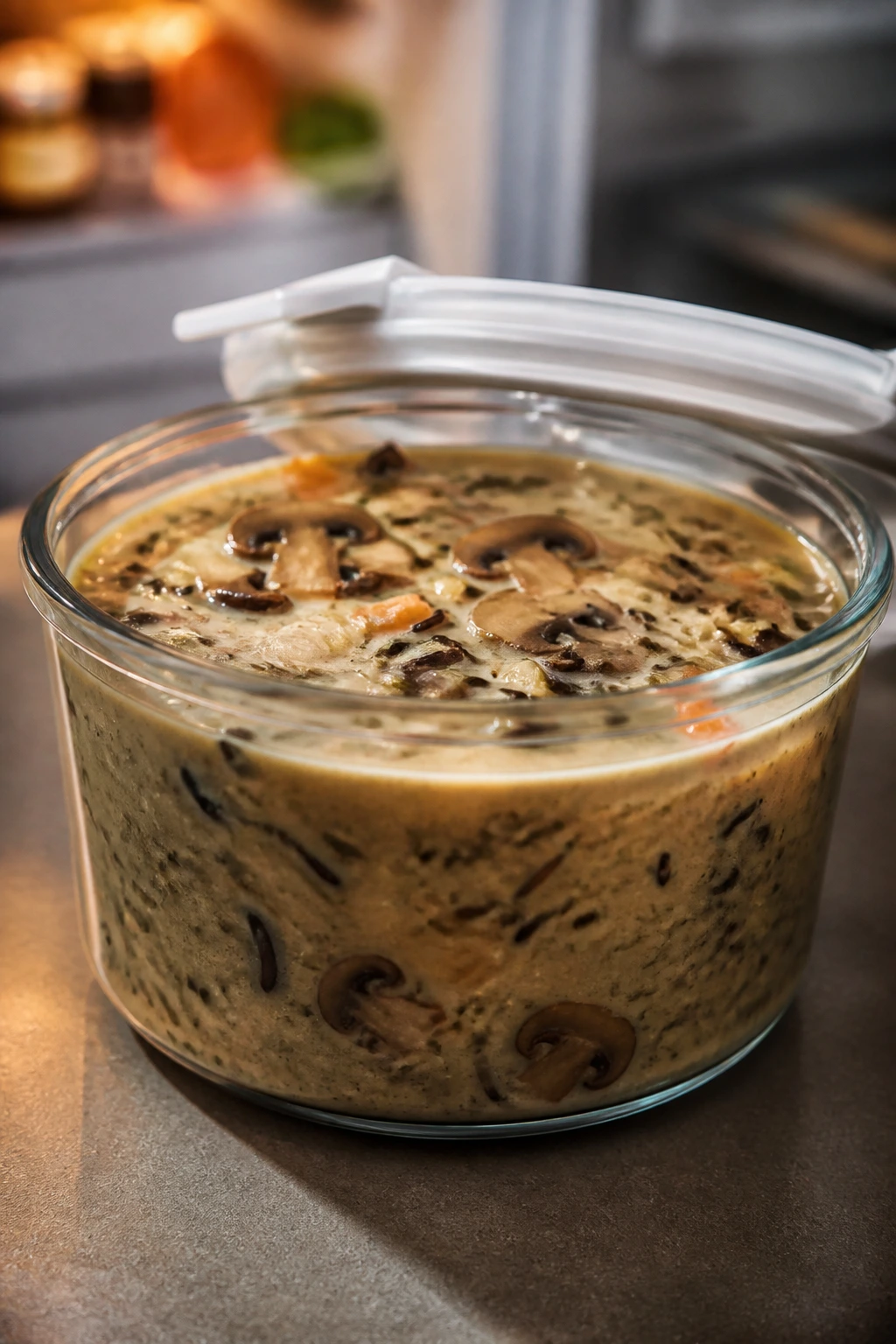 Glass container of wild rice soup ready for storing