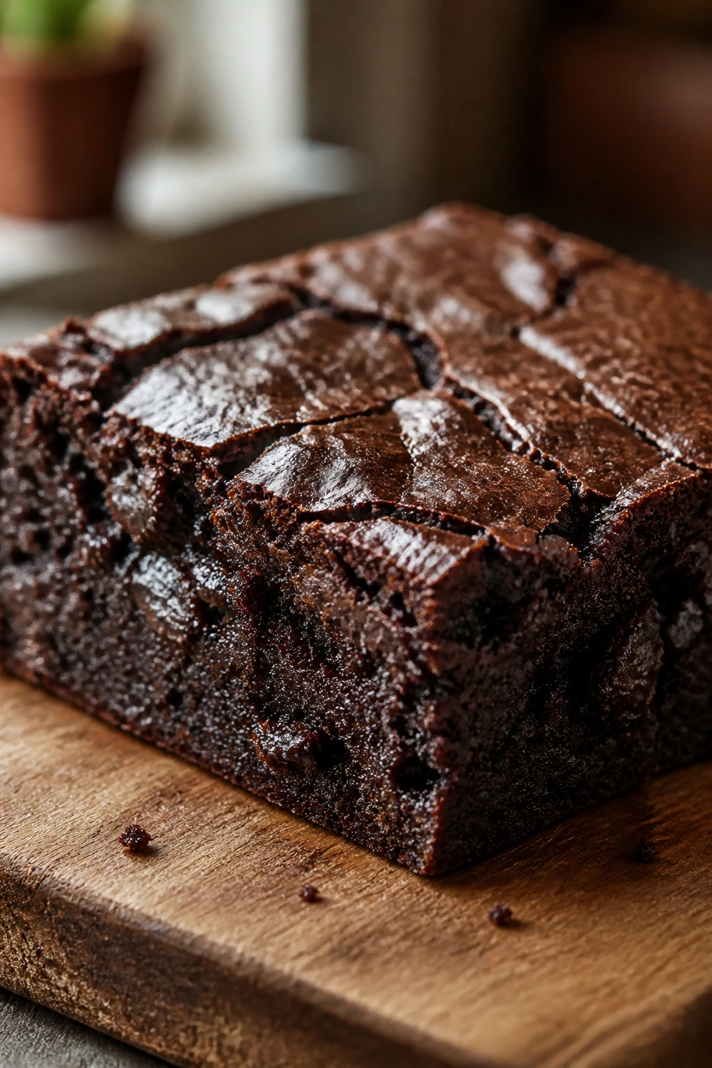Close-up of dense stout brownie square on wooden board