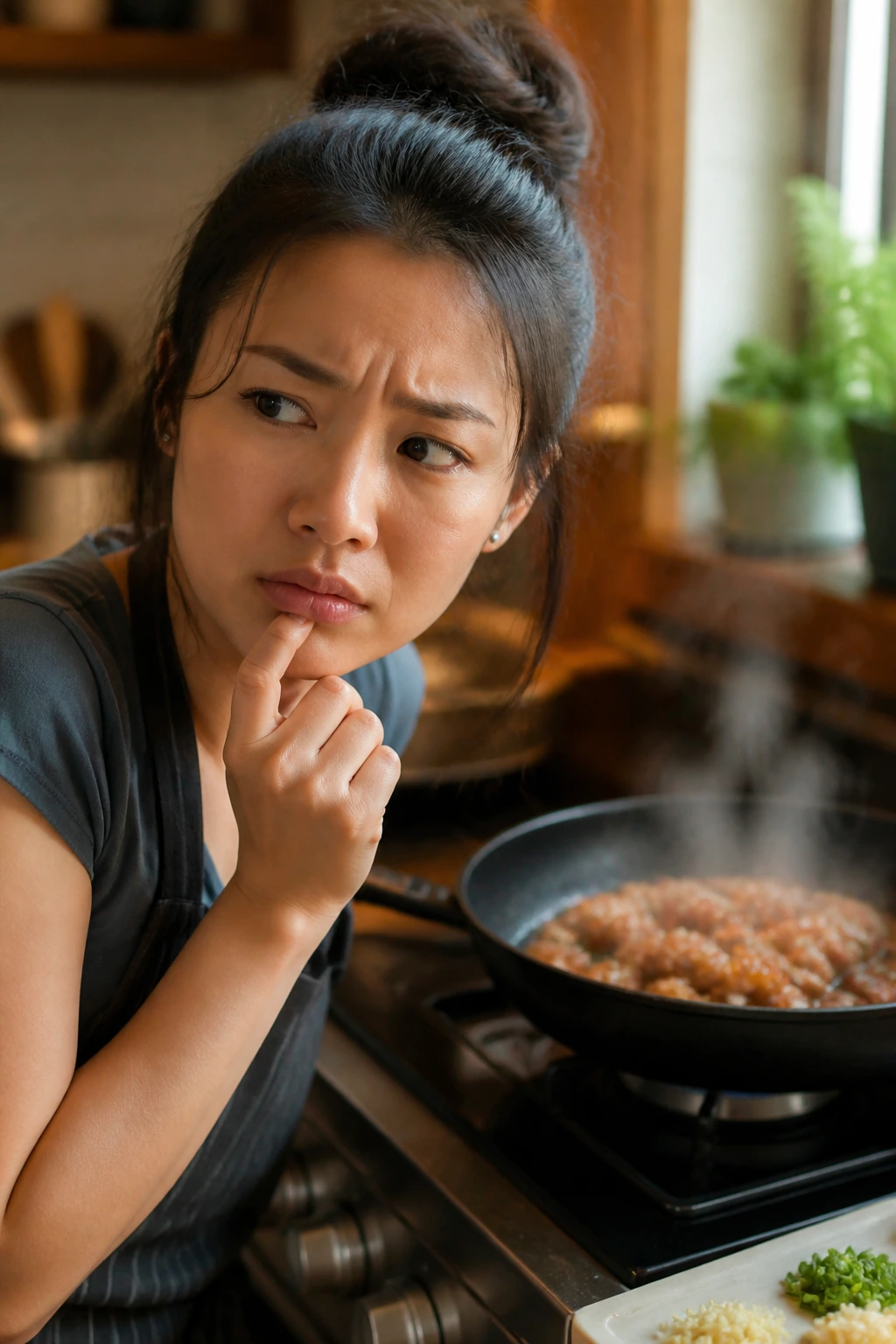 Person at stove with curious expression cooking sesame chicken