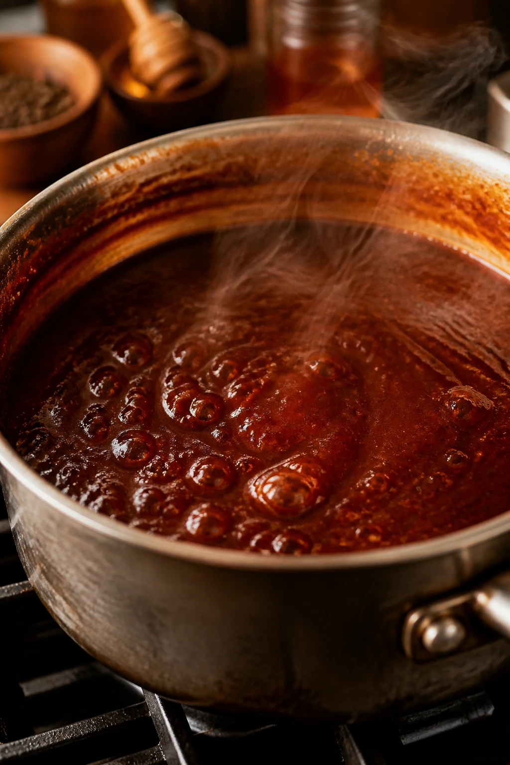 Pot on stove simmering smoky honey BBQ sauce with steam.