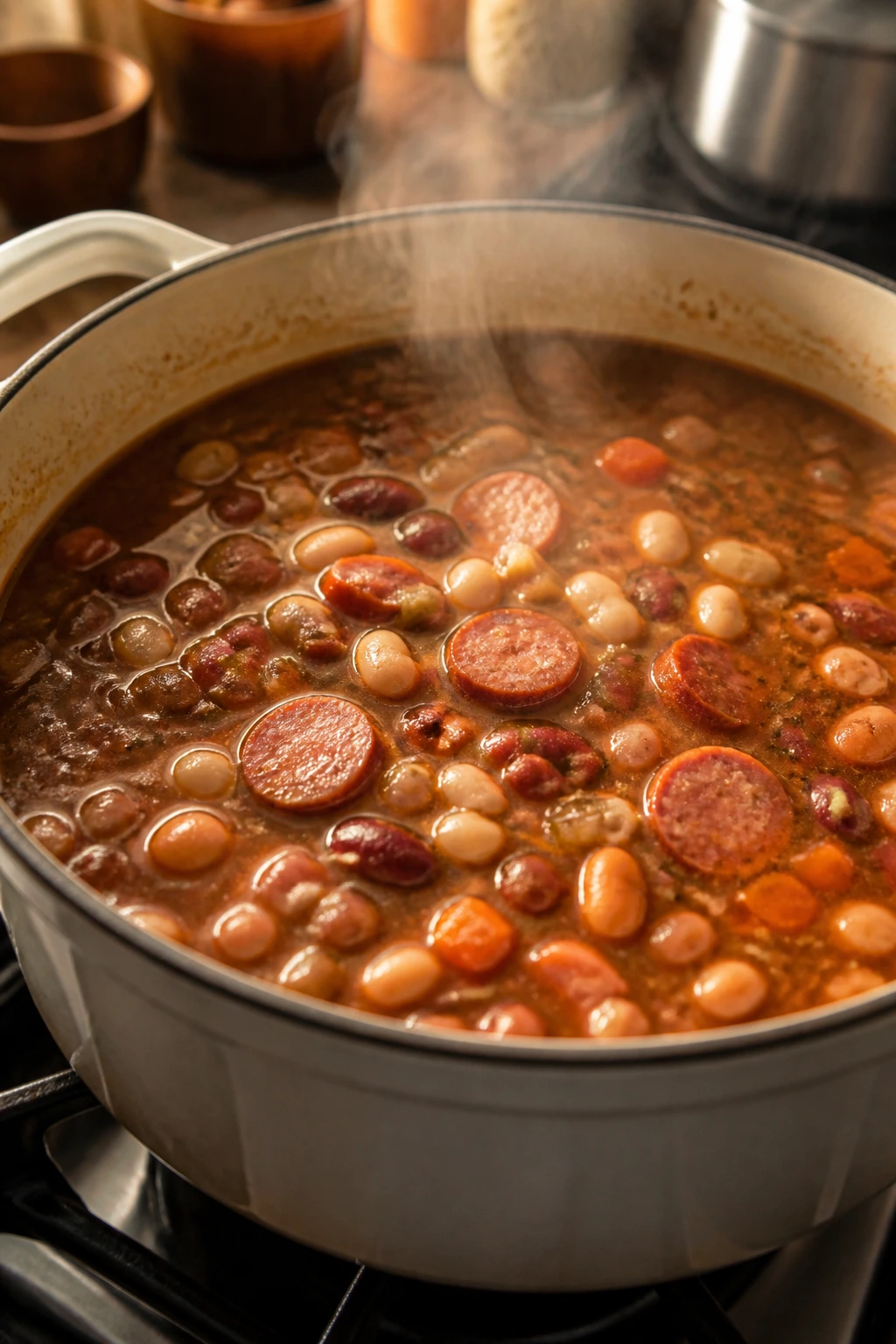 Pot of simmering 15-bean soup with sausage on stove.