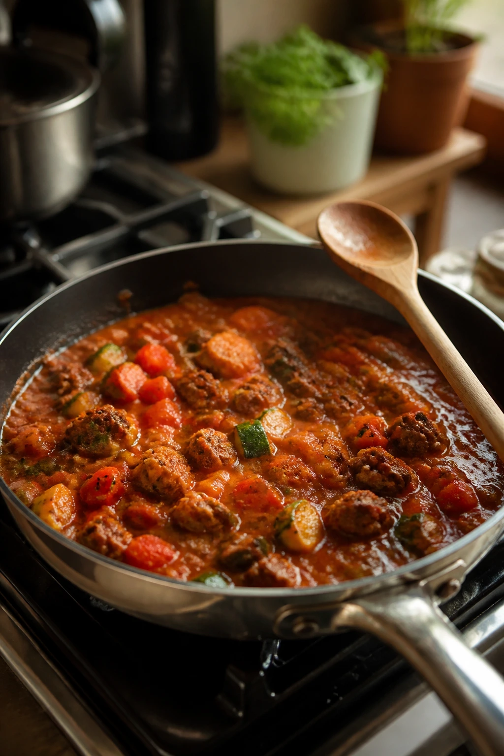 Close-up of a simmering skillet on a compact apartment stove