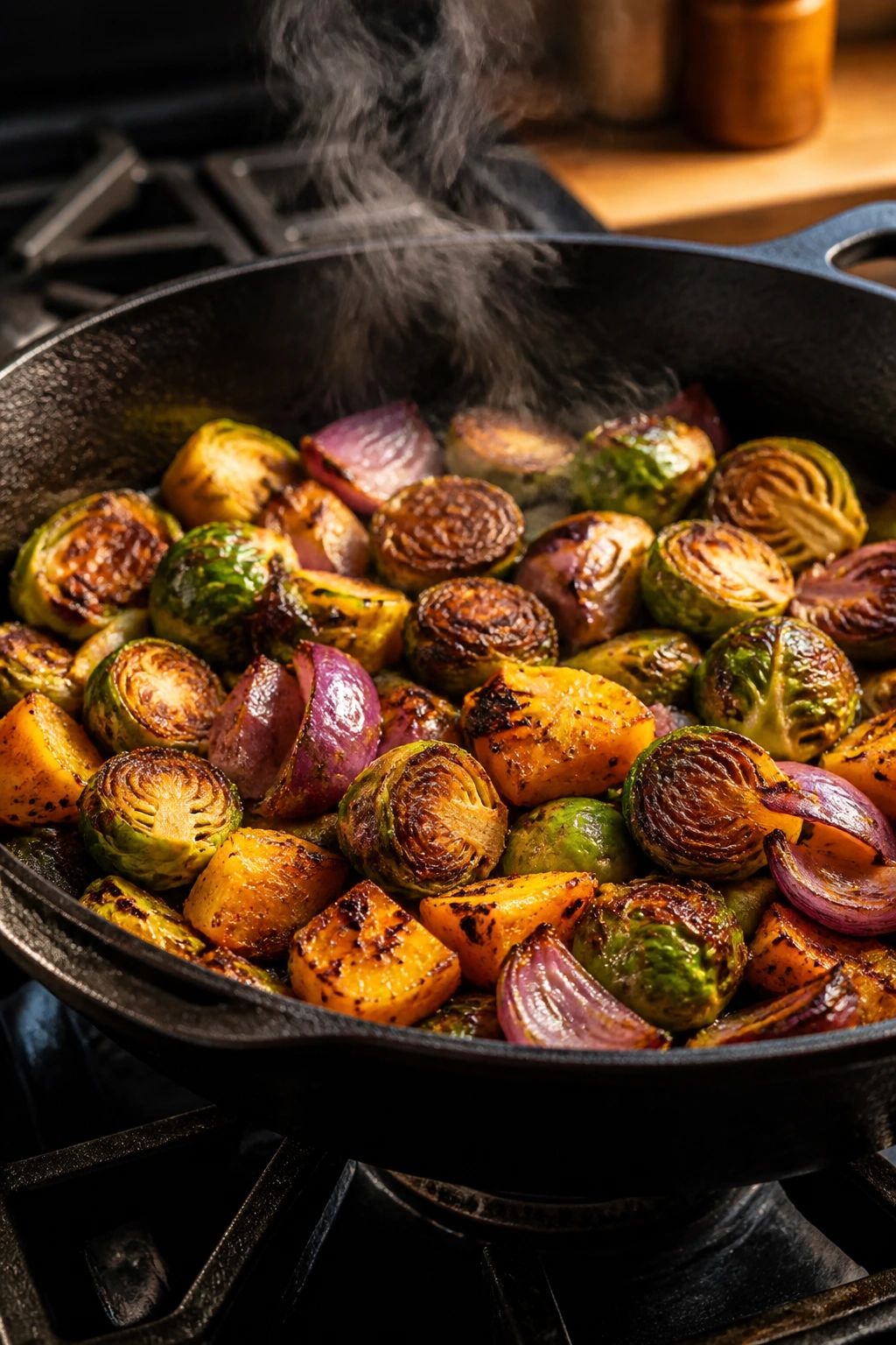 Skillet browning vegetables in a single layer on the stovetop.