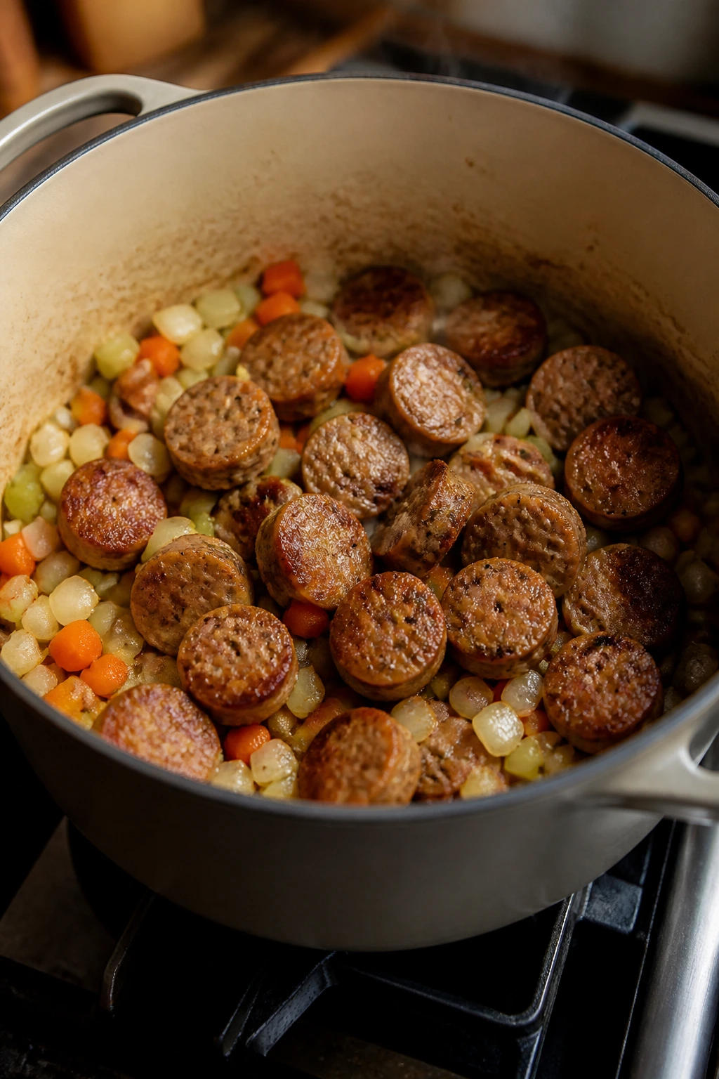 Close-up of a Dutch oven browning sausage with vegetables on a stovetop