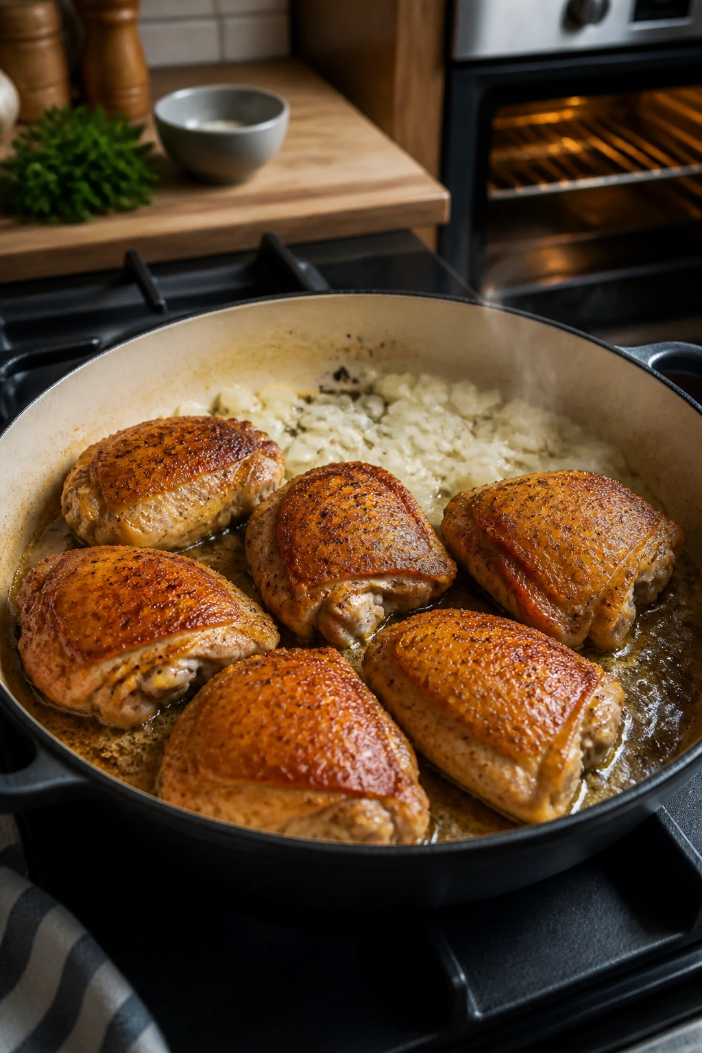 Skillet searing on stove with golden chicken and melting onion