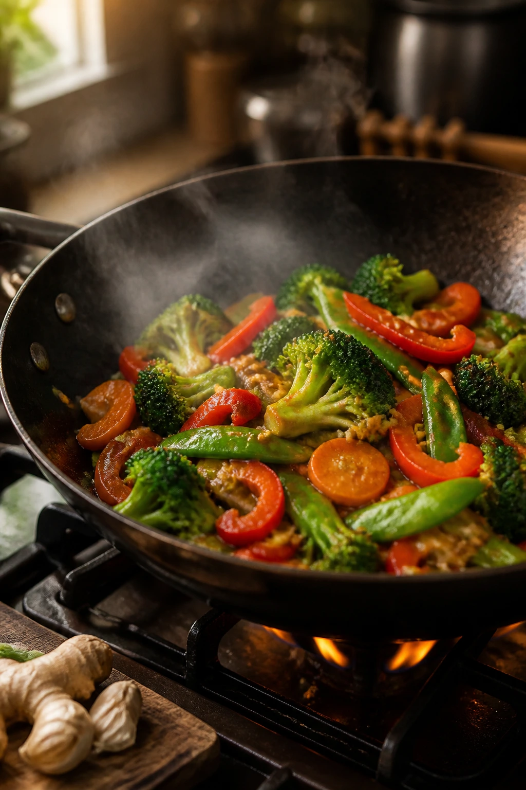 Close-up of sizzling stovetop stir-fry with crunchy vegetables in glossy glaze