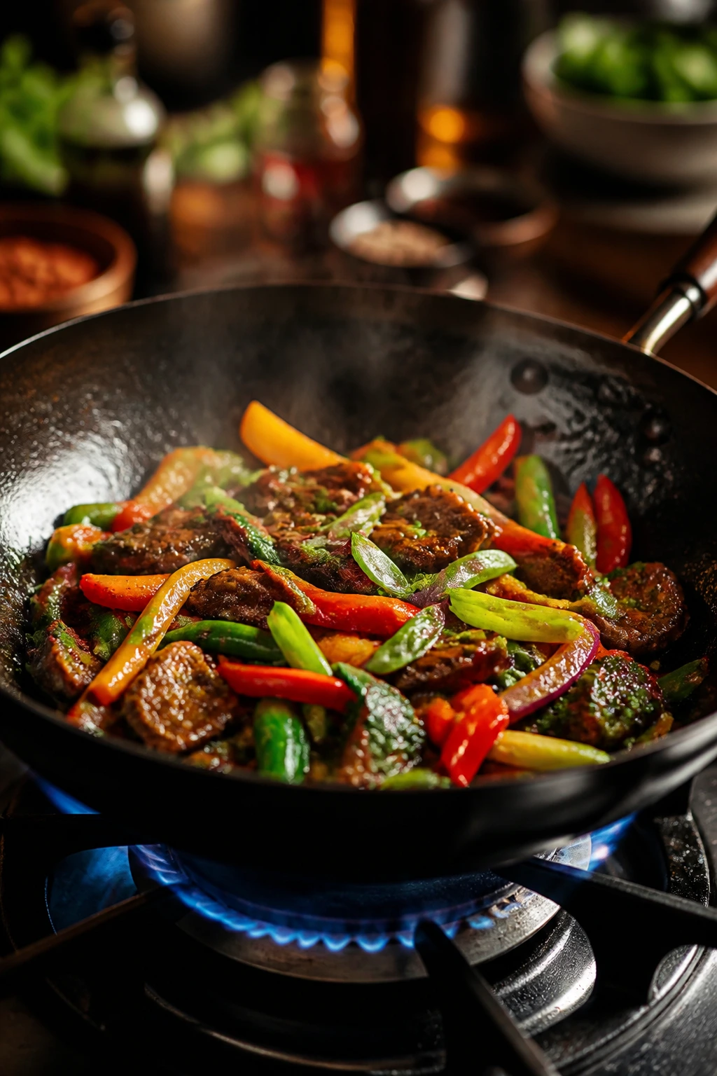 Sizzling wok on stove demonstrating high-heat cooking