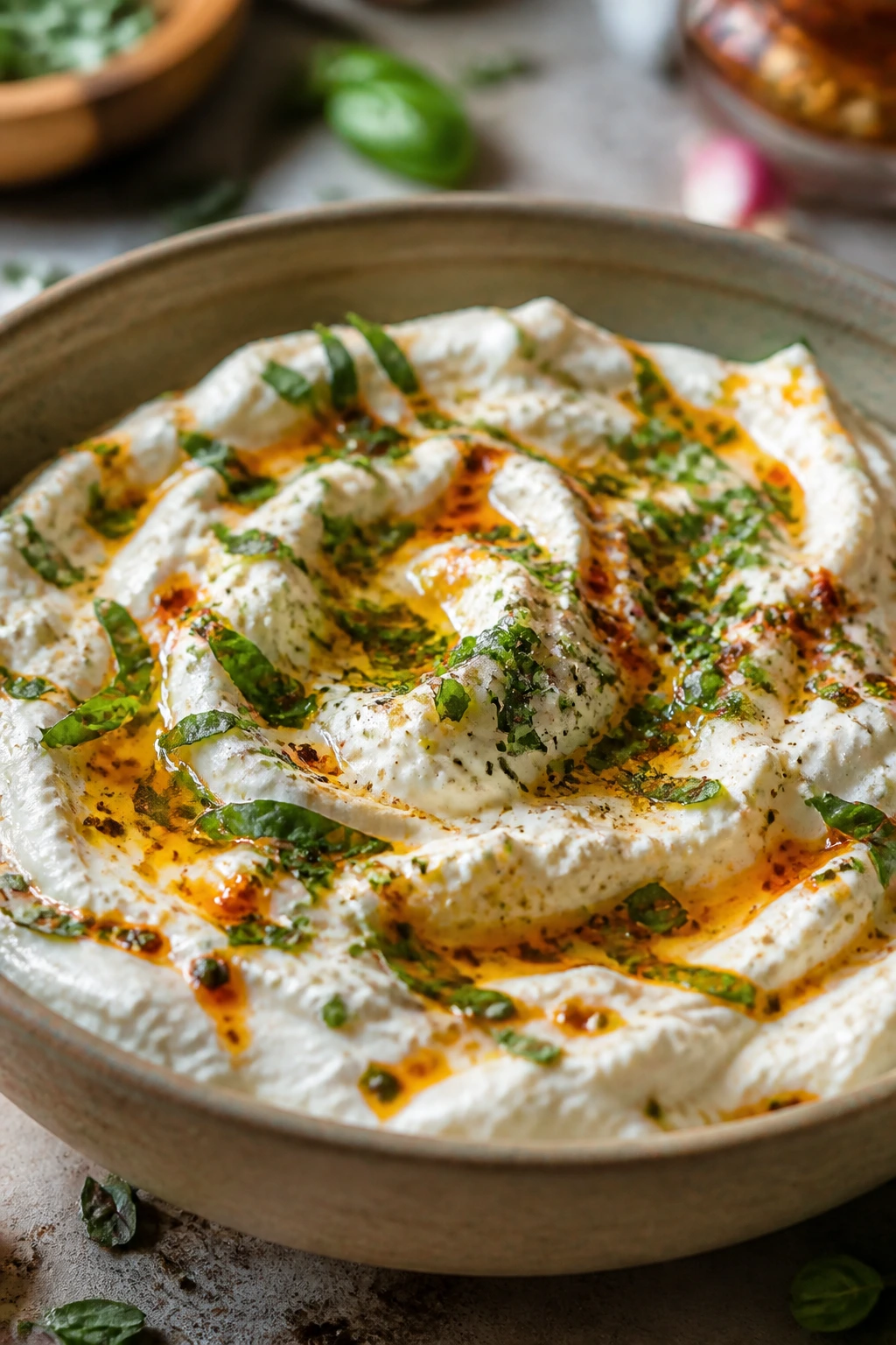Creamy stracciatella dip with herbs in a shallow bowl on a kitchen counter
