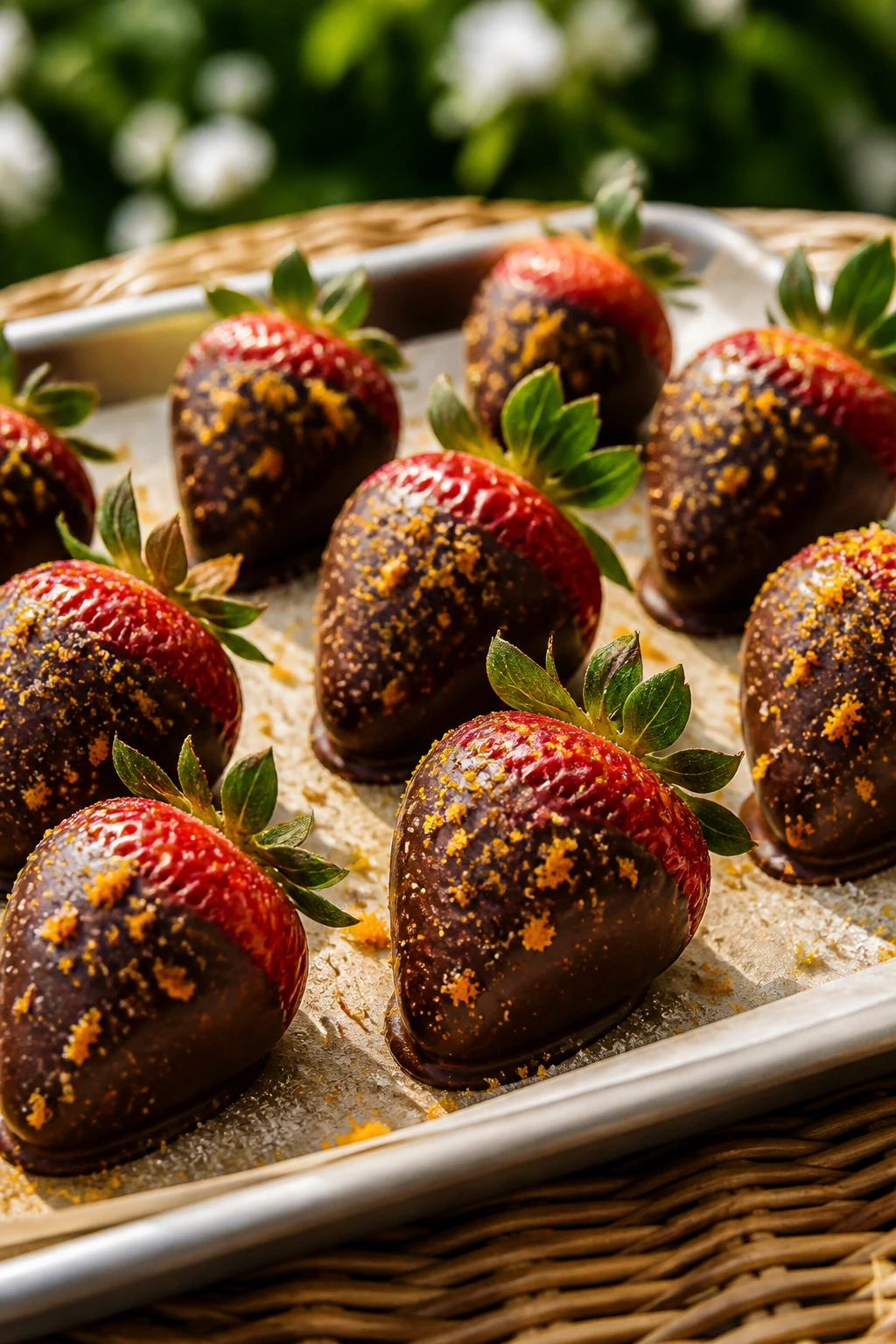 Glossy chocolate-dipped strawberries with citrus salt on parchment outdoors