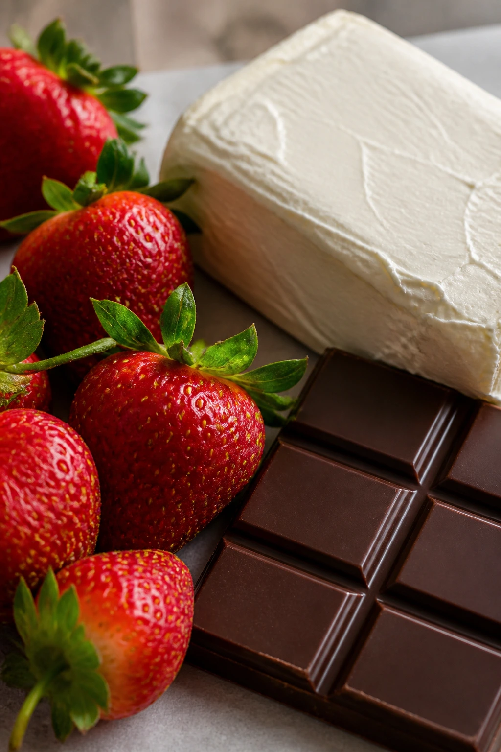 Close-up of strawberries, chocolate bar, and cream cheese on a neutral surface