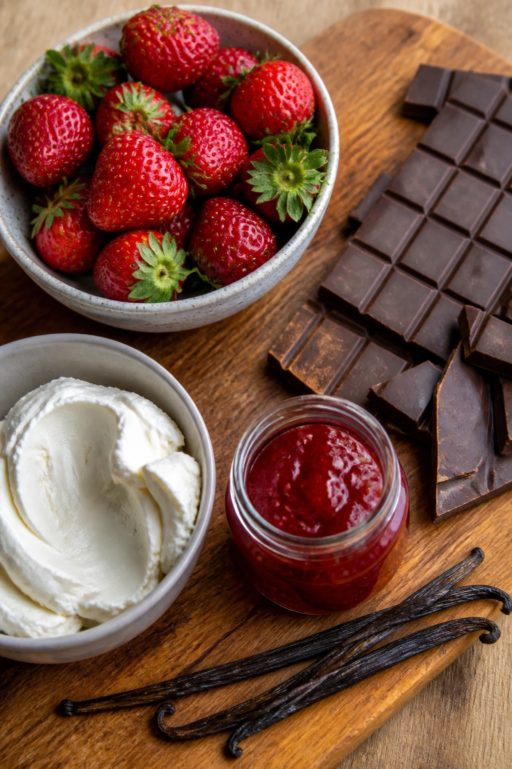 Curated Valentine ingredients including strawberries and chocolate