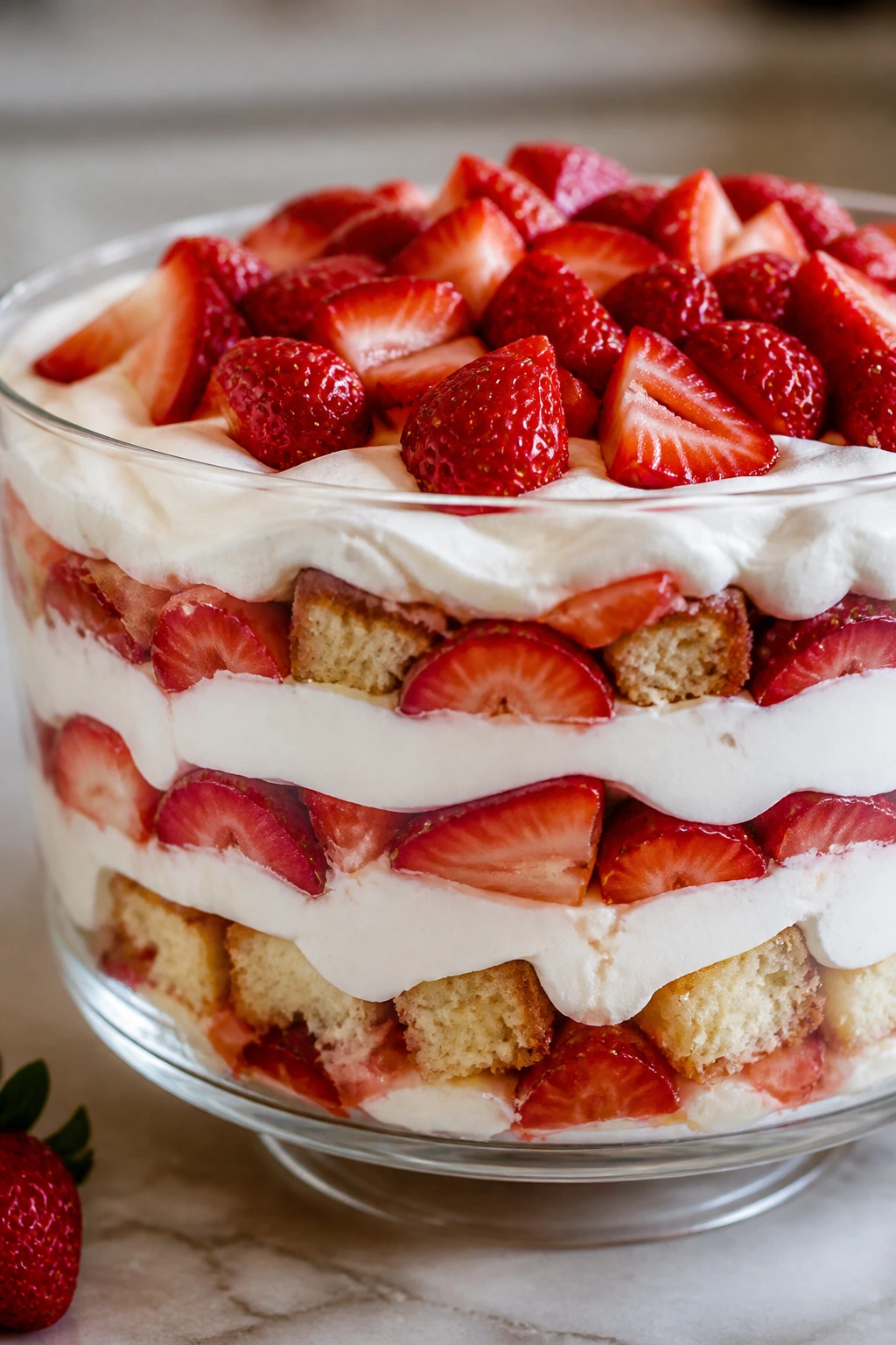 Glass trifle with strawberry, cake, and cream layers