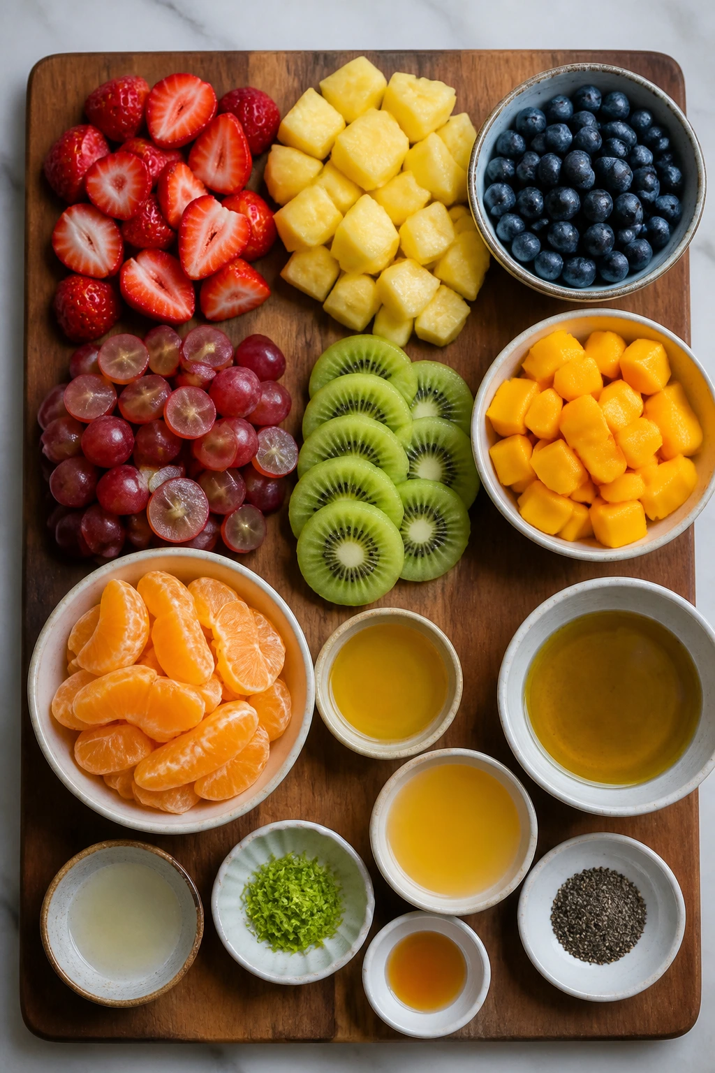 Top-down layout of fruit salad ingredients: strawberry, pineapple, blueberries, grapes, kiwi, mango, mandarins.