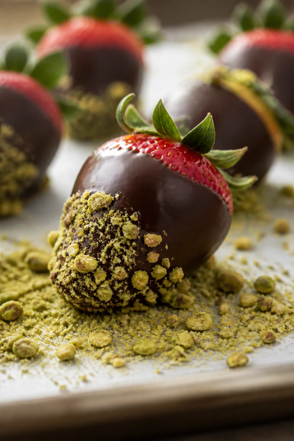 Glossy chocolate-dipped strawberry with pistachio dust