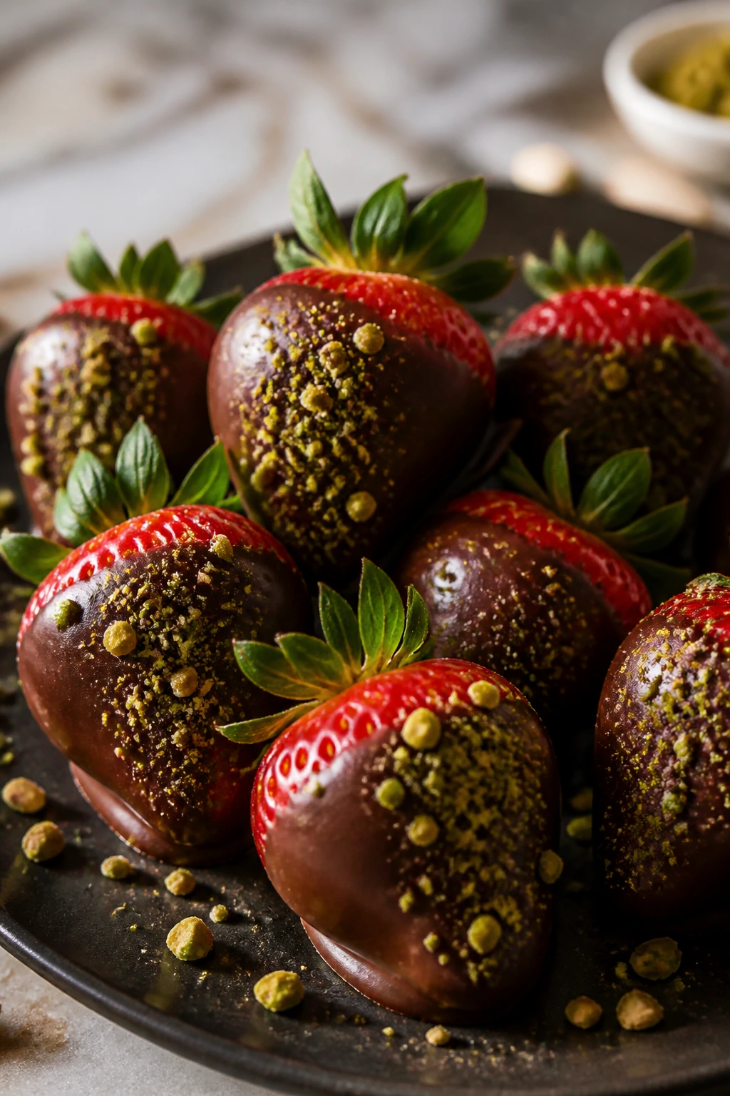 Close-up of chocolate-dipped strawberries with pistachio dust on a plate.