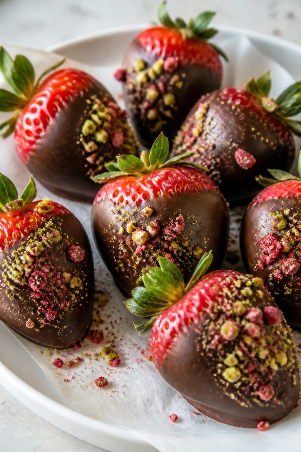Close-up of glossy chocolate-dipped strawberries with pistachio dust on parchment