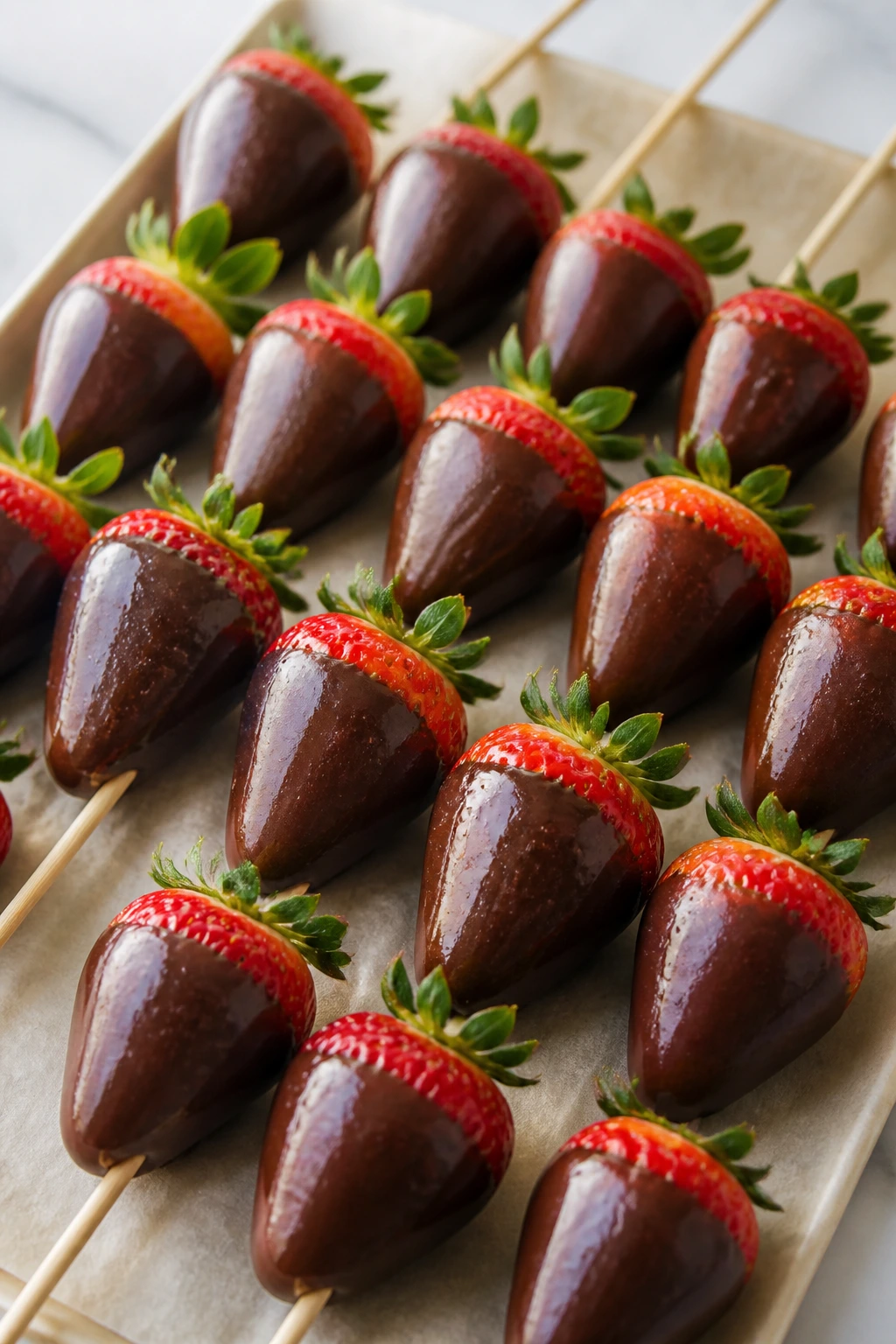 Close-up of chocolate-covered strawberry skewers on parchment in a bright kitchen