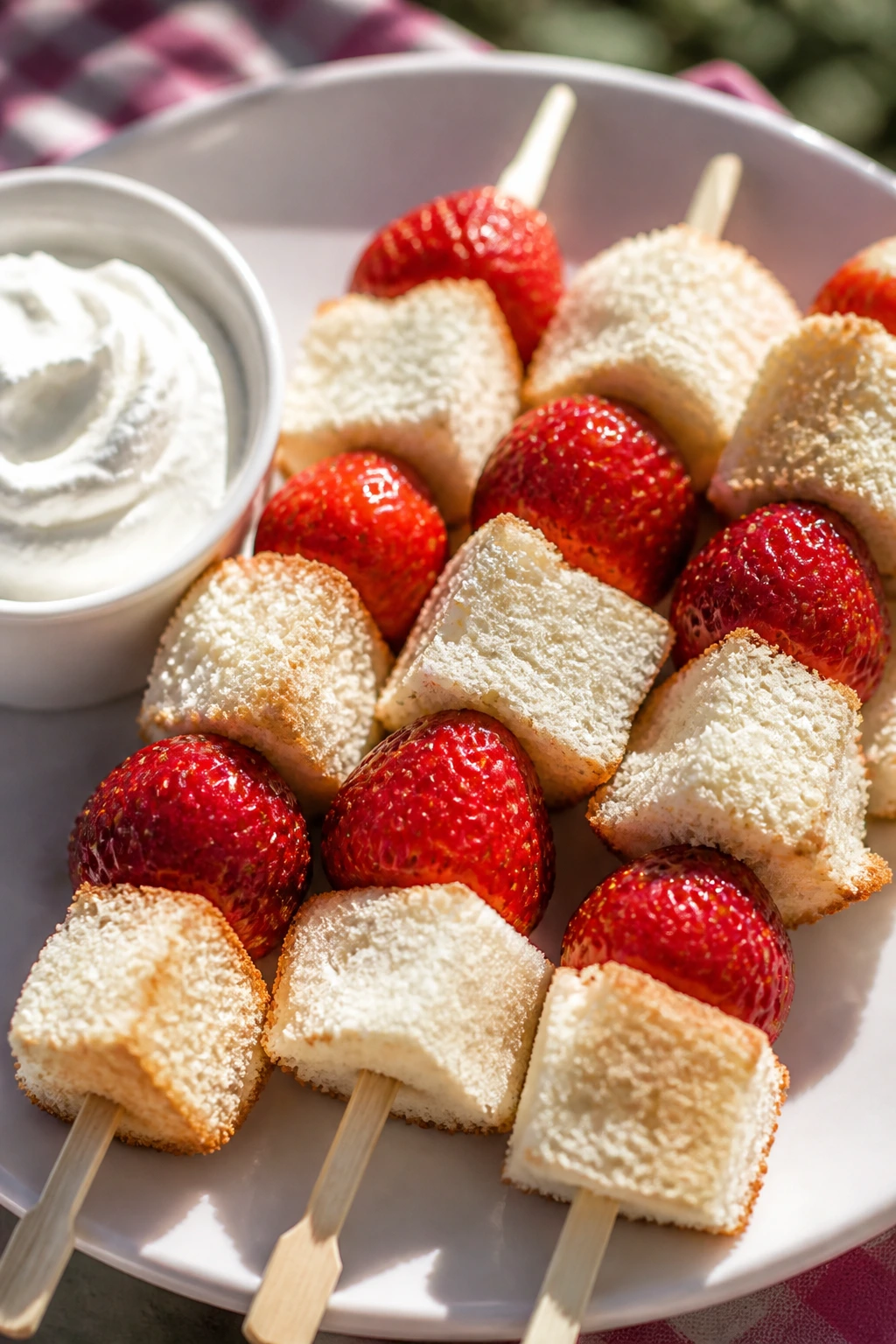 Close-up strawberry angel food cake skewers on a light dessert plate