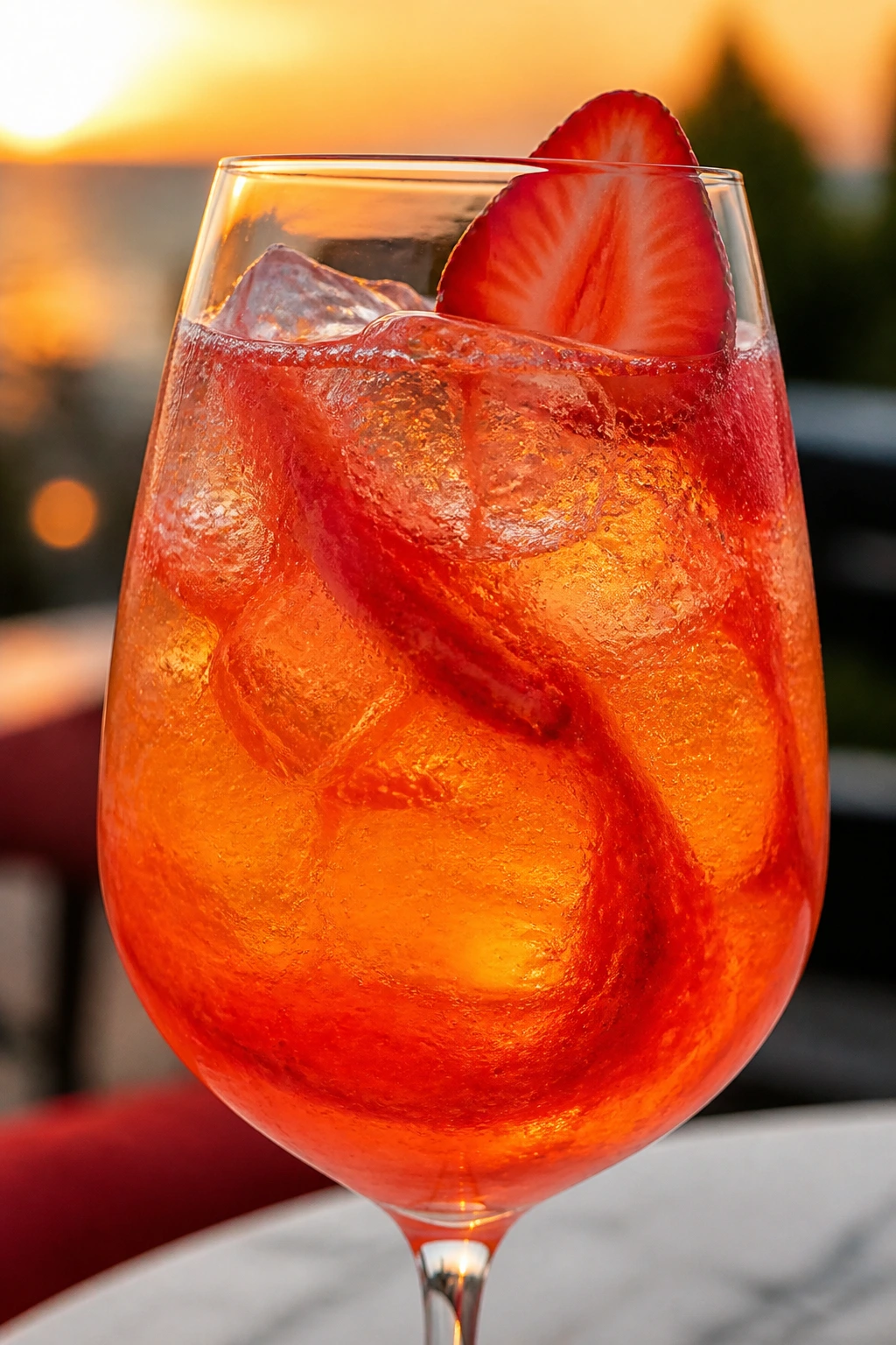 Strawberry Aperol Spritz in a wine glass with strawberry garnish